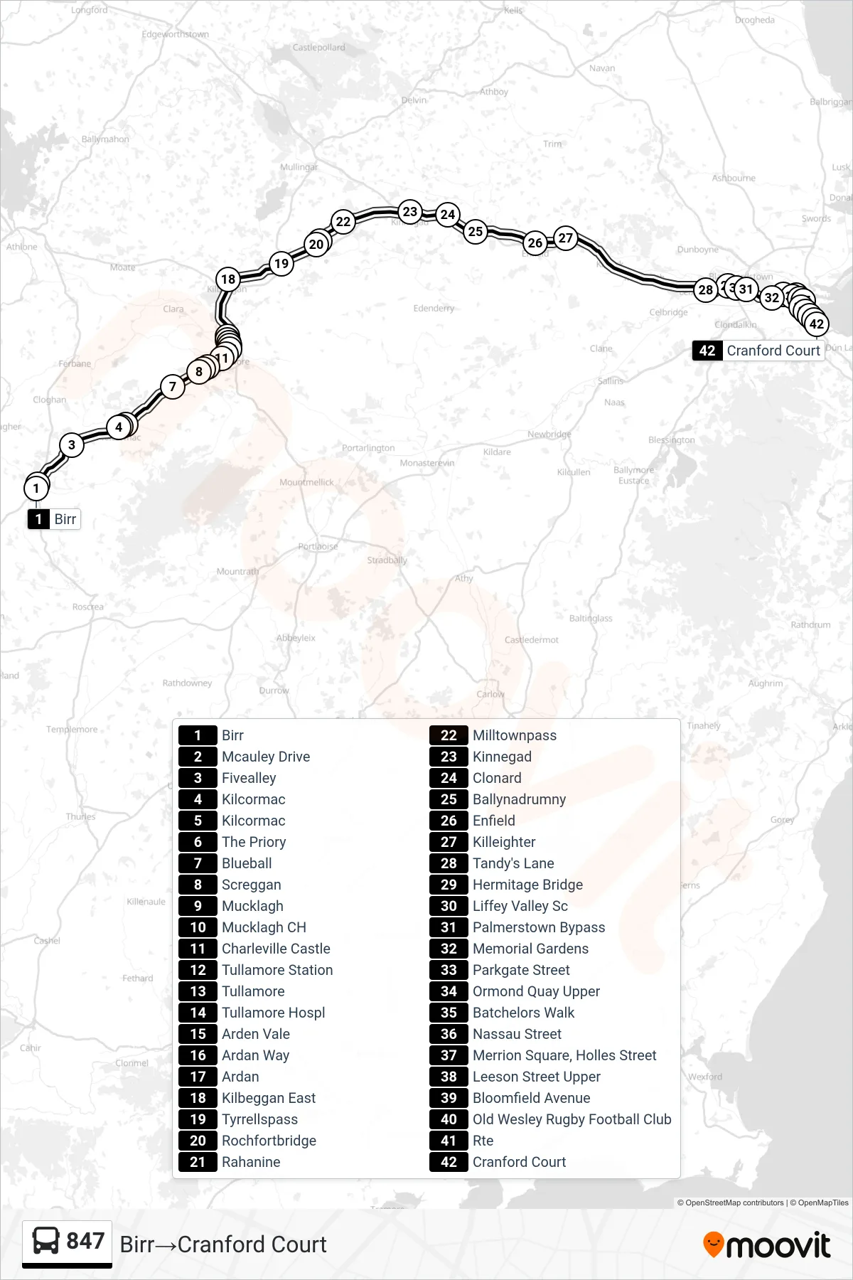 847 bus Line (Birr‎→Cranford Court) route and stops on a map