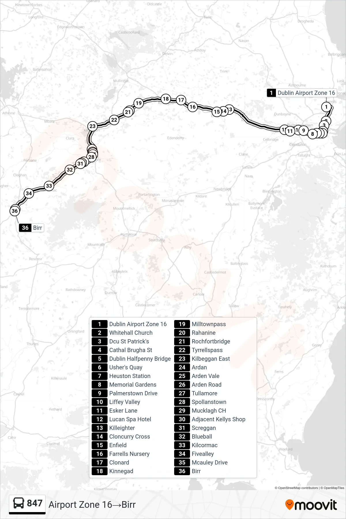 847 bus Line (Airport Zone 16→Birr) route and stops on a map