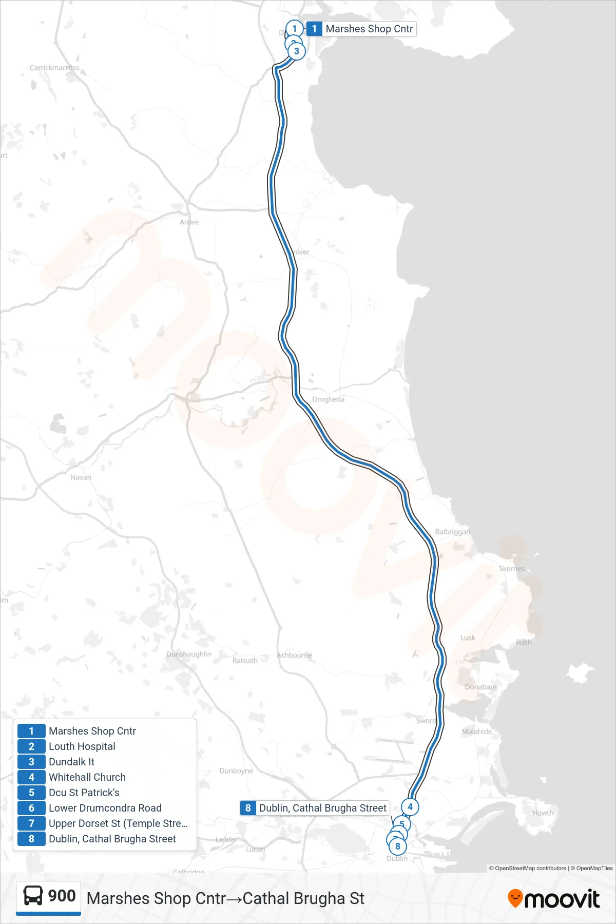 900 bus Line (Marshes Shop Cntr→Cathal Brugha St) route and stops on a map