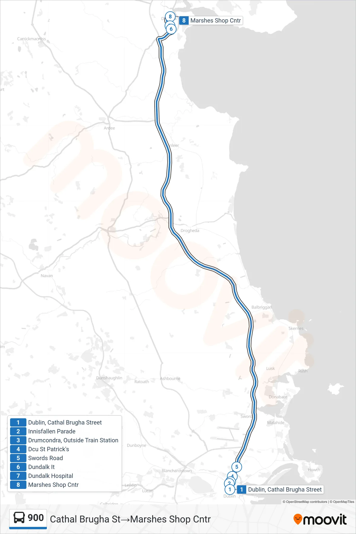 900 bus Line (Cathal Brugha St‎→Marshes Shop Cntr) route and stops on a map
