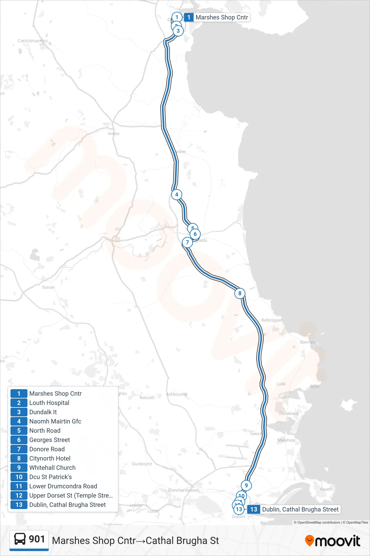 901 bus Line (Marshes Shop Cntr→Cathal Brugha St) route and stops on a map