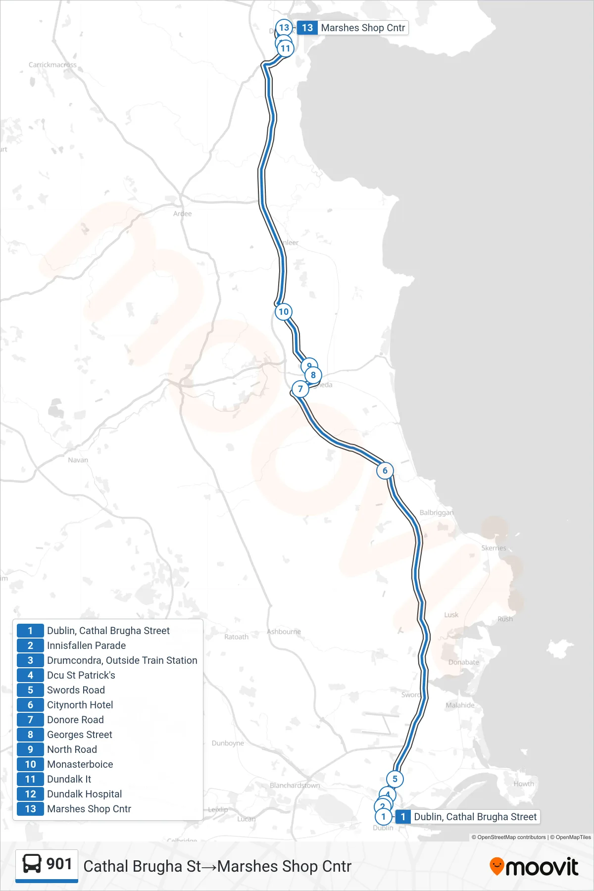 901 bus Line (Cathal Brugha St‎→Marshes Shop Cntr) route and stops on a map
