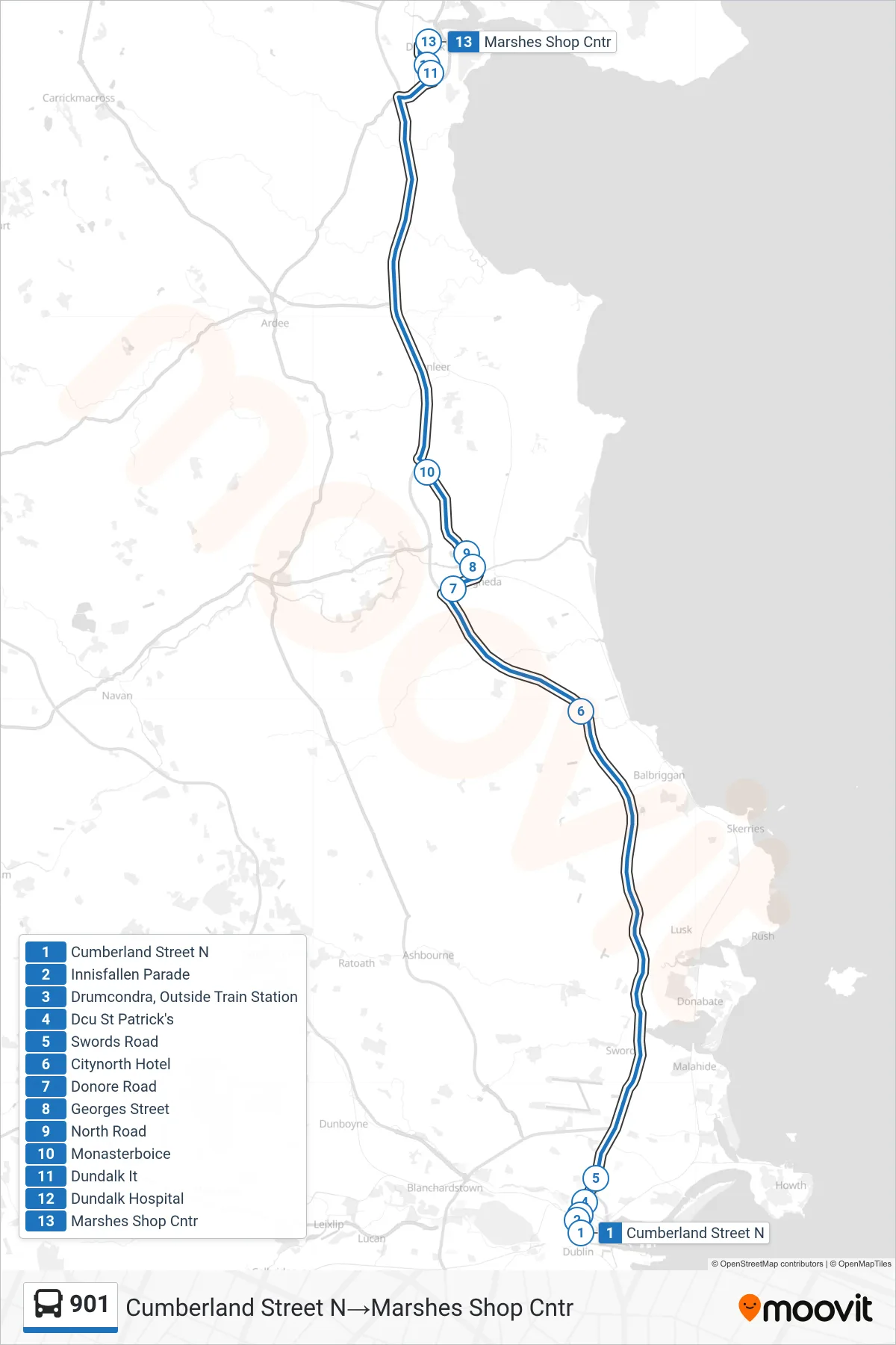 901 bus Line (Cumberland Street N‎→Marshes Shop Cntr) route and stops on a map