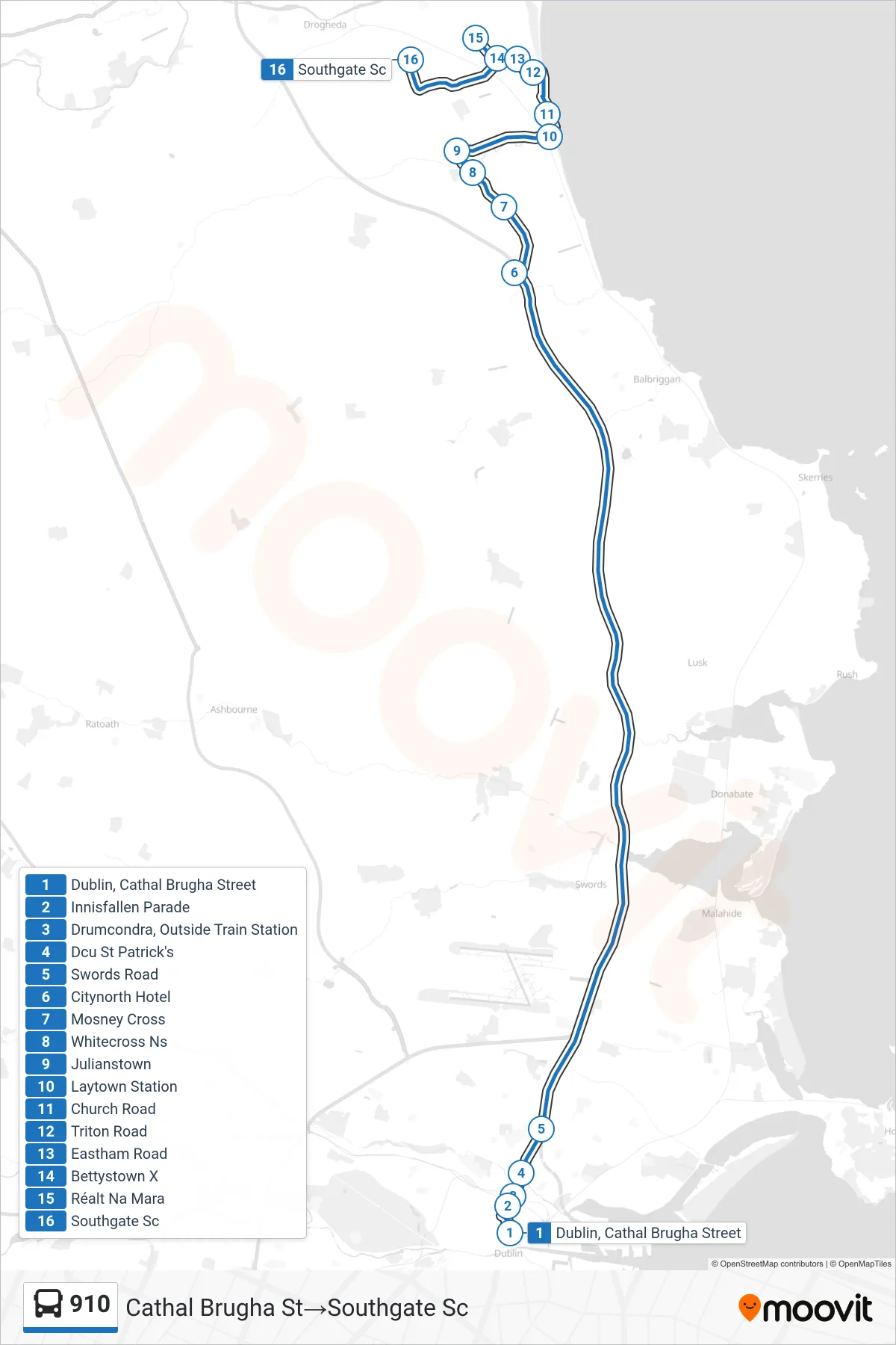 910 bus Line (Cathal Brugha St→Southgate Sc) route and stops on a map