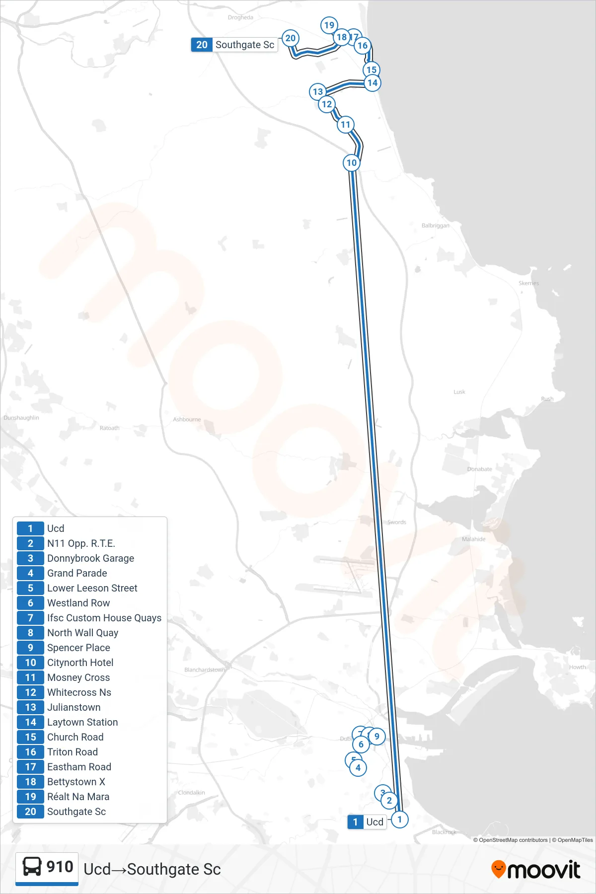 910 bus Line (Ucd→Southgate Sc) route and stops on a map