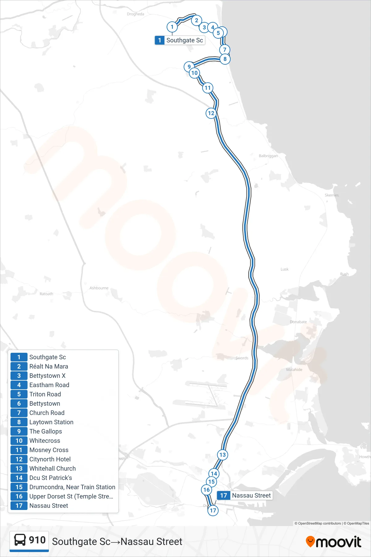 910 bus Line (Southgate Sc→Nassau Street) route and stops on a map