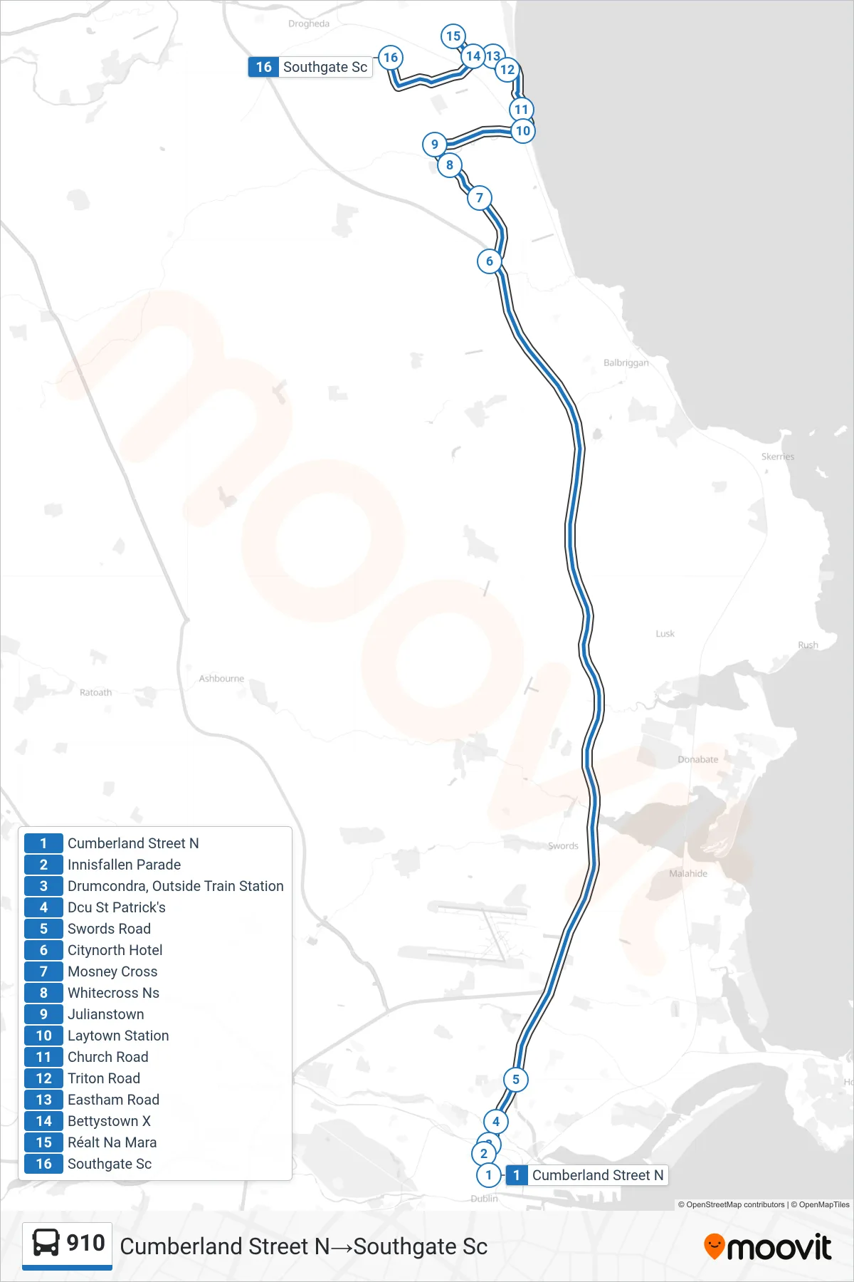 910 bus Line (Cumberland Street N→Southgate Sc) route and stops on a map