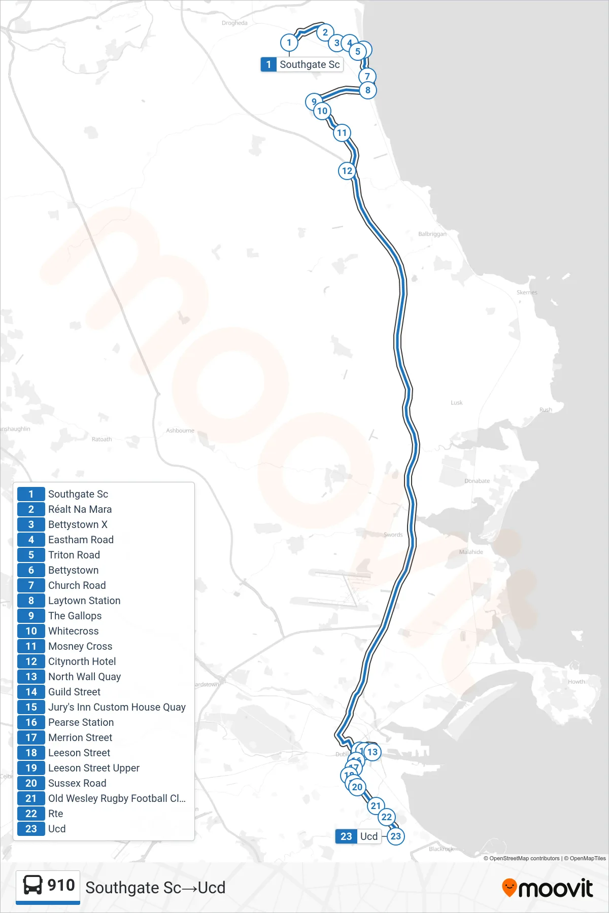 910 bus Line (Southgate Sc→Ucd) route and stops on a map