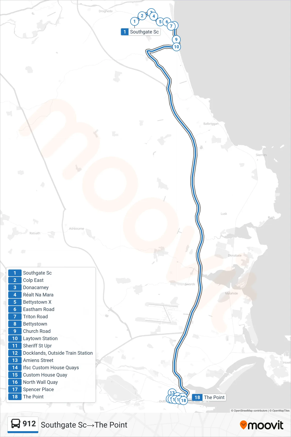 912 bus Line (Southgate Sc→The Point) route and stops on a map