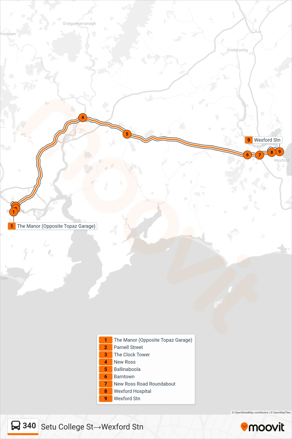 340 bus Line (Setu College St→Wexford Stn) route and stops on a map