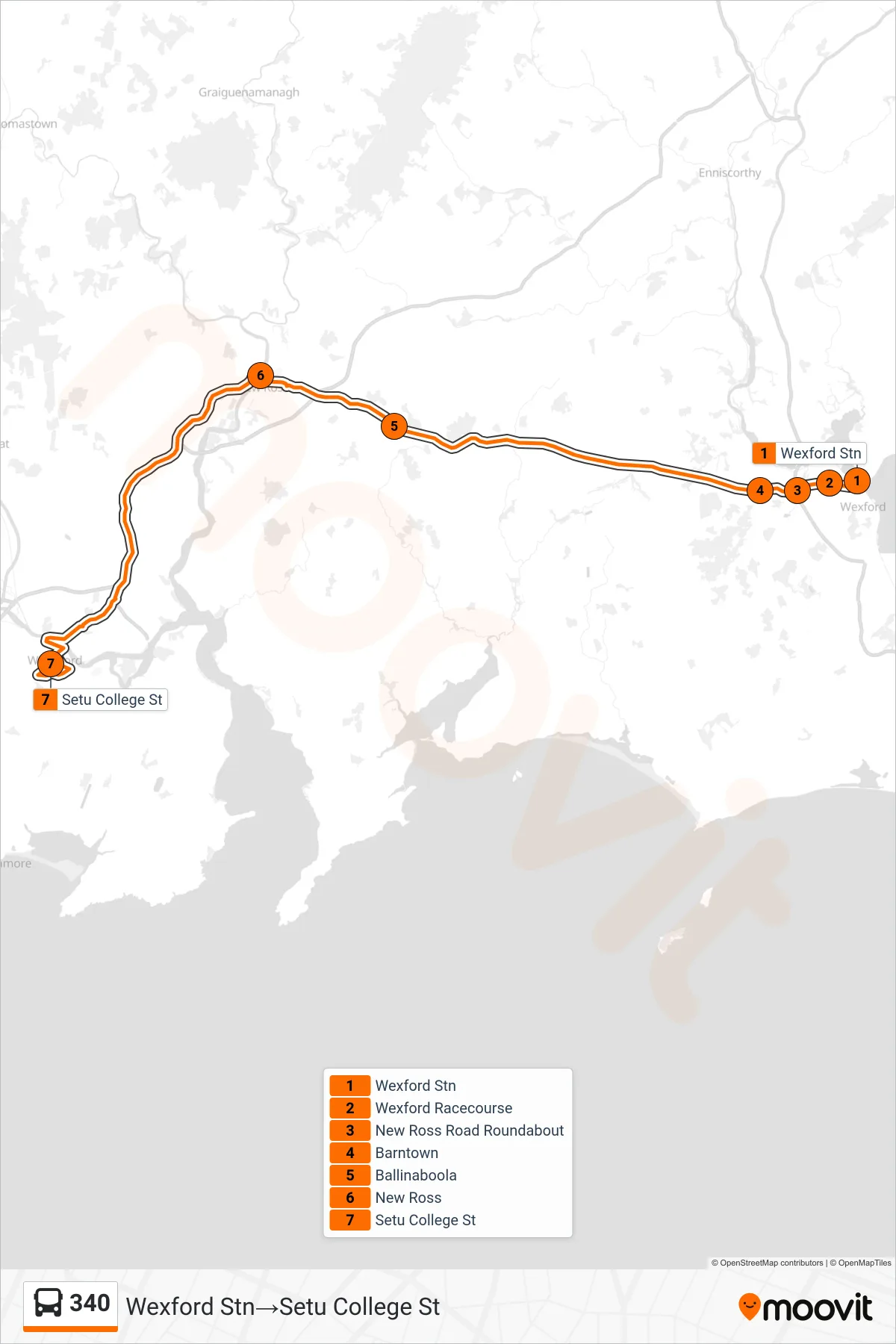 340 bus Line (Wexford Stn‎→Setu College St) route and stops on a map