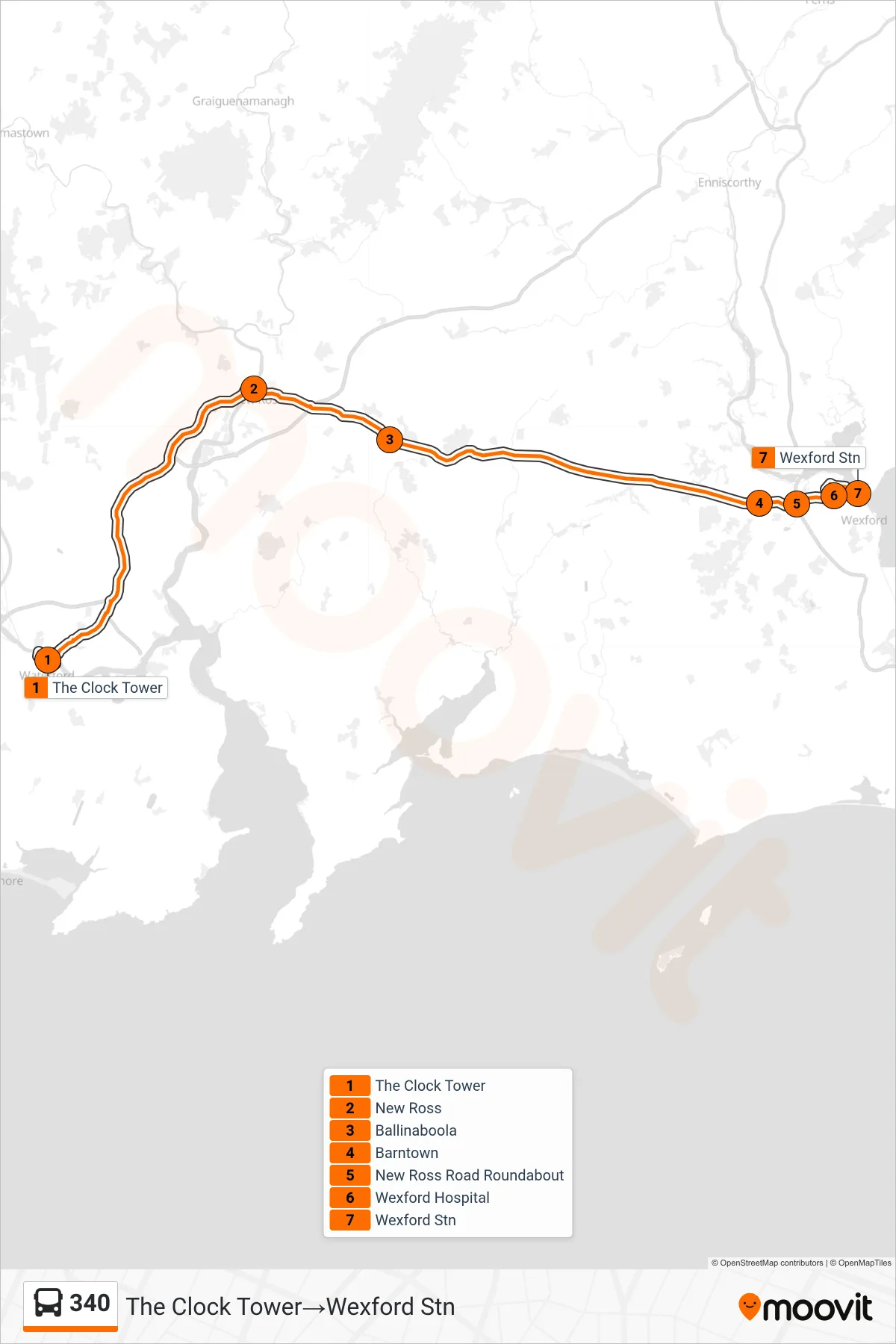 340 bus Line (The Clock Tower‎→Wexford Stn) route and stops on a map