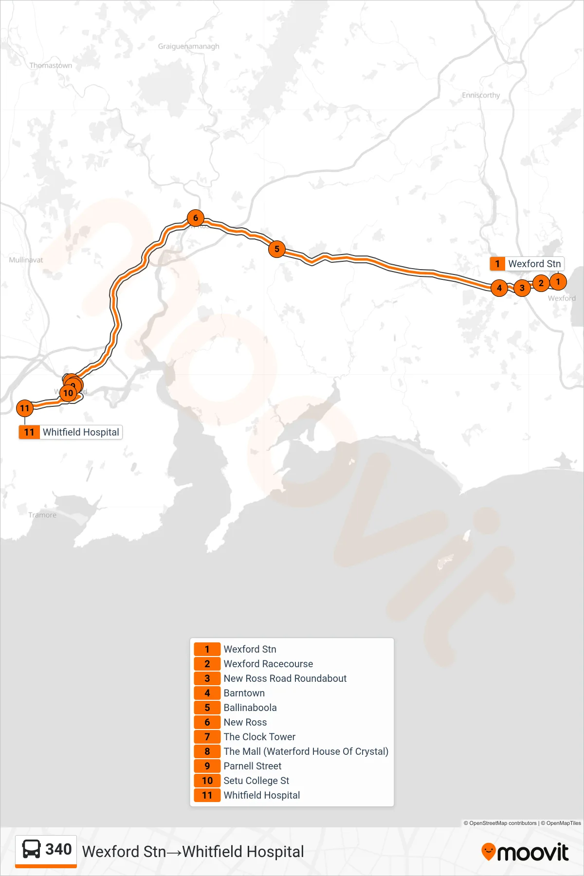 340 bus Line (Wexford Stn‎→Whitfield Hospital) route and stops on a map