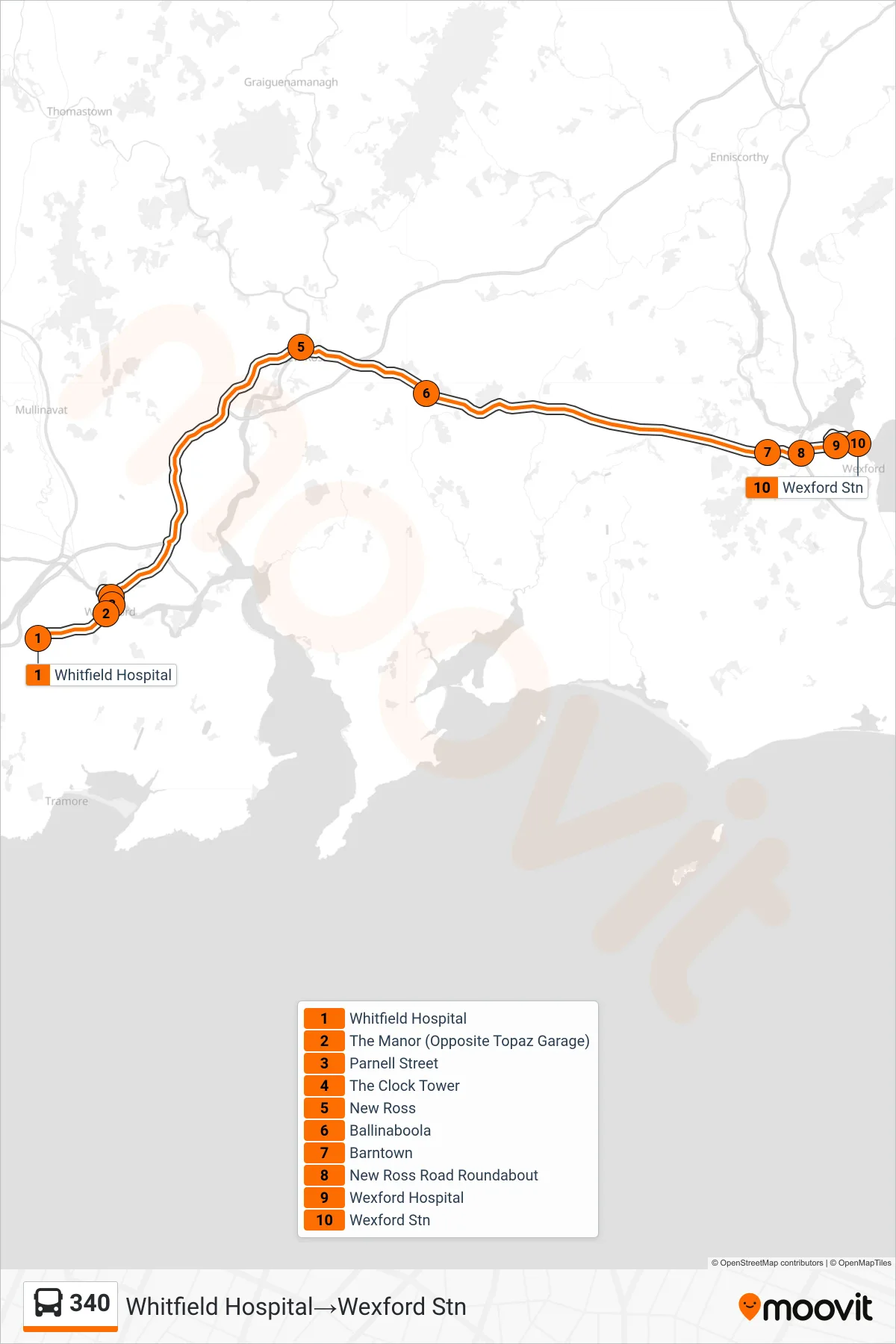 340 bus Line (Whitfield Hospital→Wexford Stn) route and stops on a map