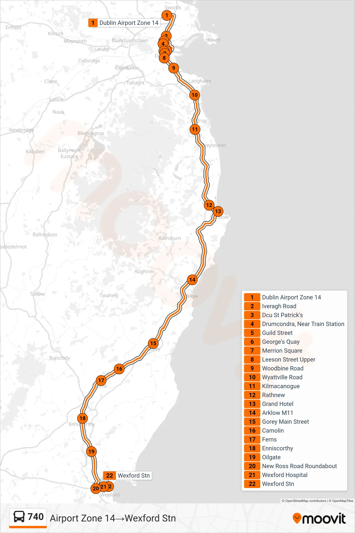 740 bus Line (Airport Zone 14→Wexford Stn) route and stops on a map