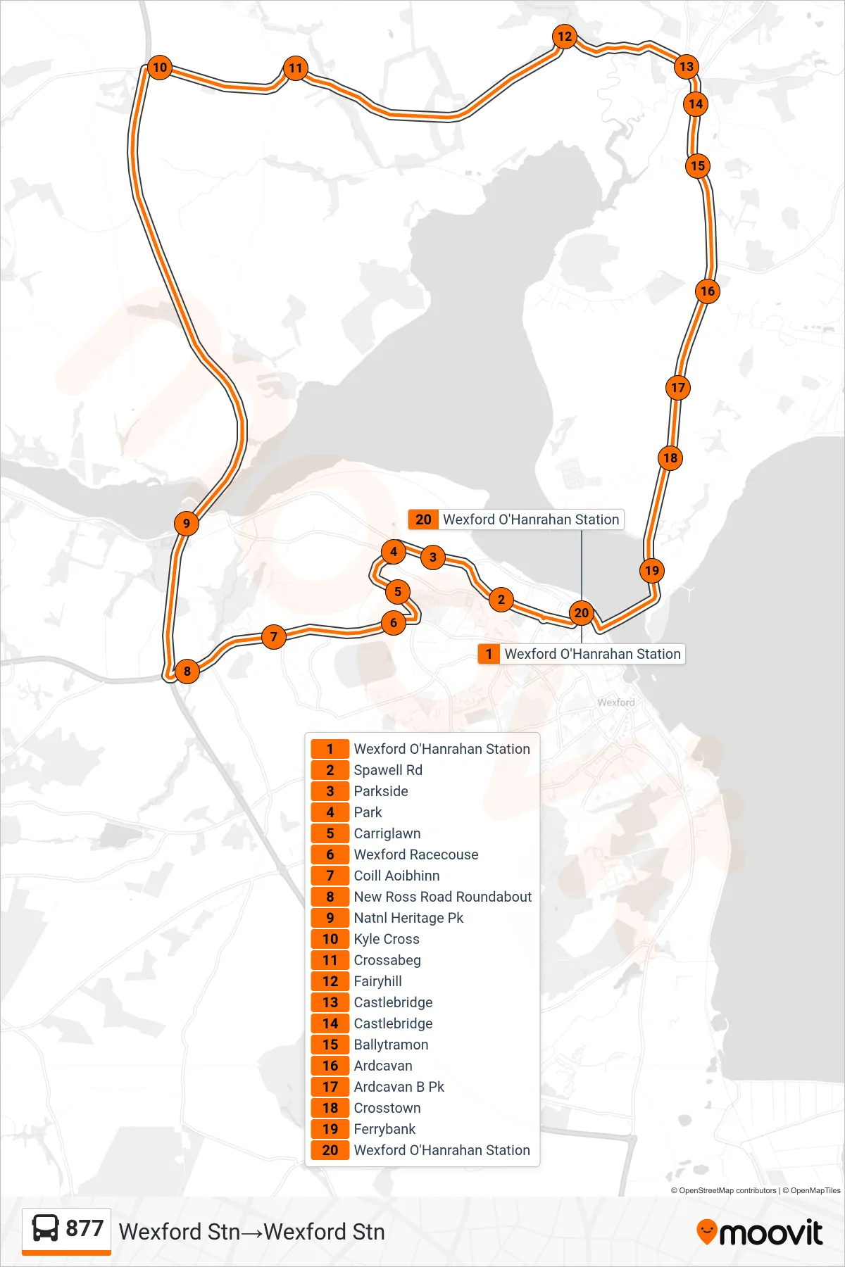 877 bus Line (Wexford Stn→Wexford Stn) route and stops on a map