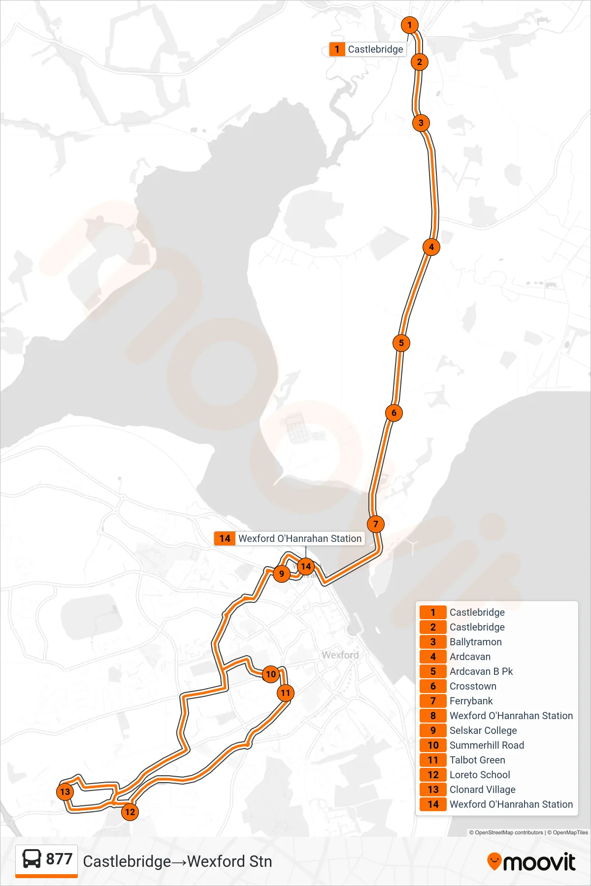 877 bus Line (Castlebridge→Wexford Stn) route and stops on a map