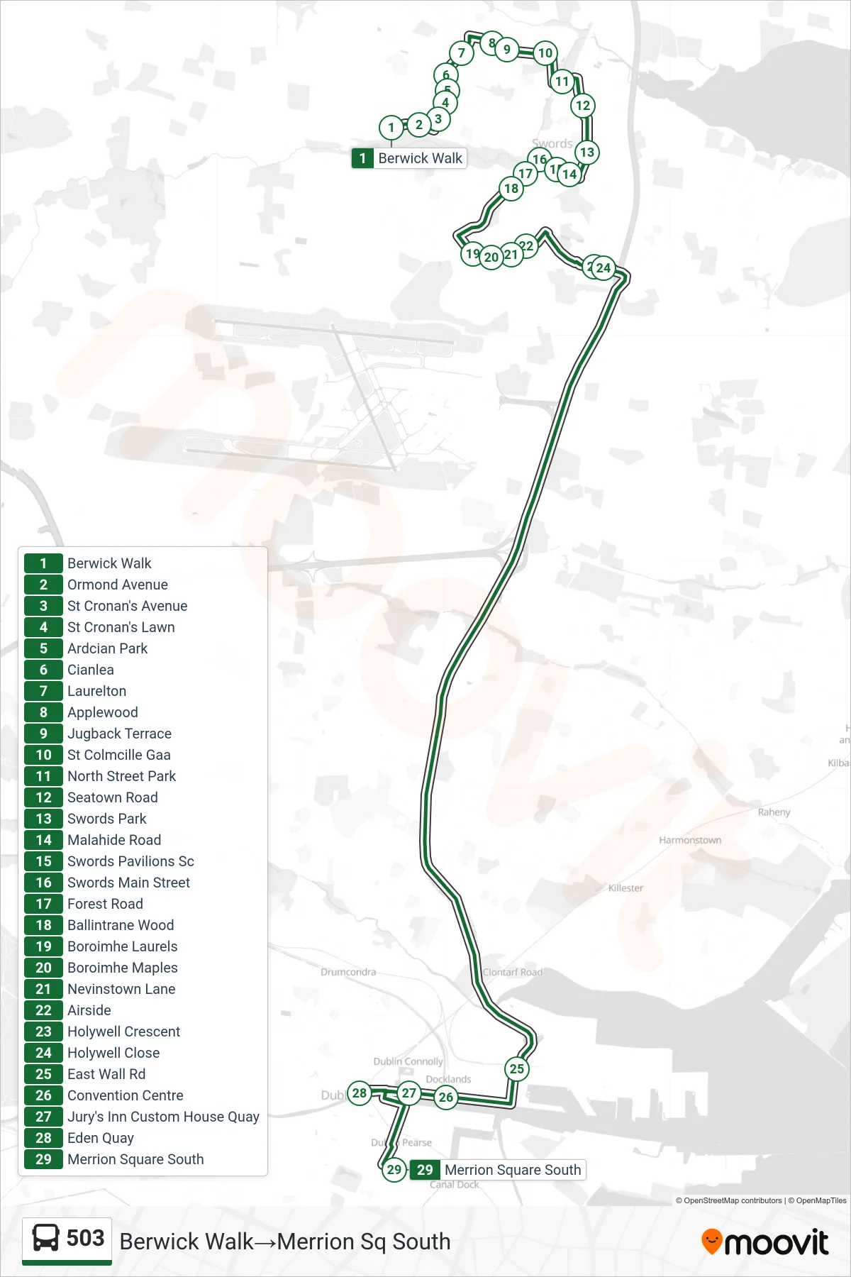 503 bus Line (Berwick Walk→Merrion Sq South) route and stops on a map