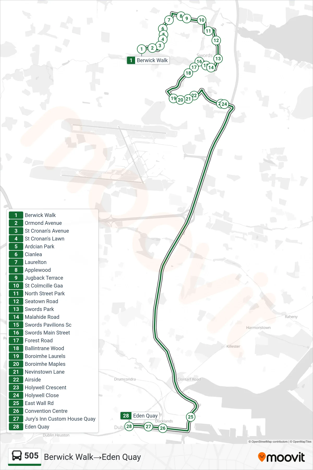 505 bus Line (Berwick Walk‎→Eden Quay) route and stops on a map