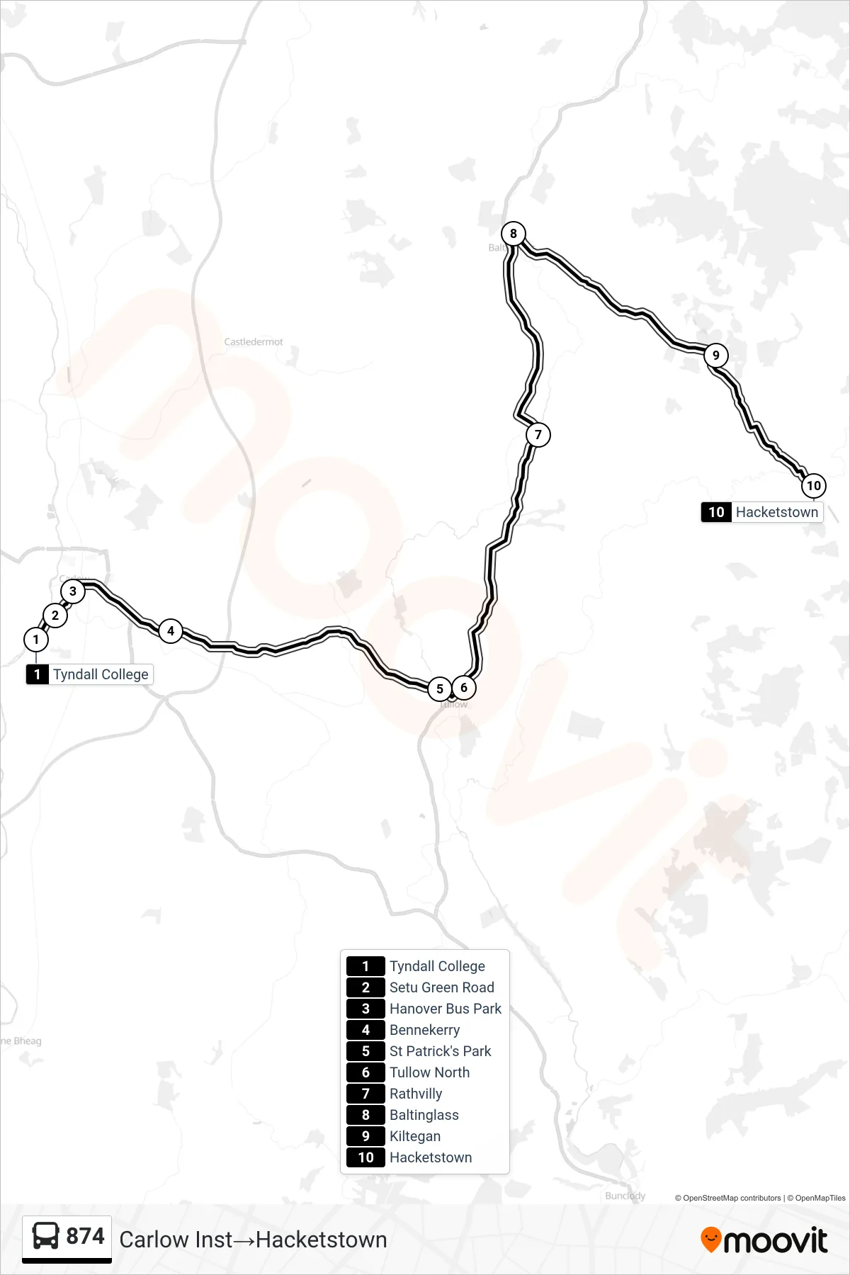 874 bus Line (Carlow Inst→Hacketstown) route and stops on a map