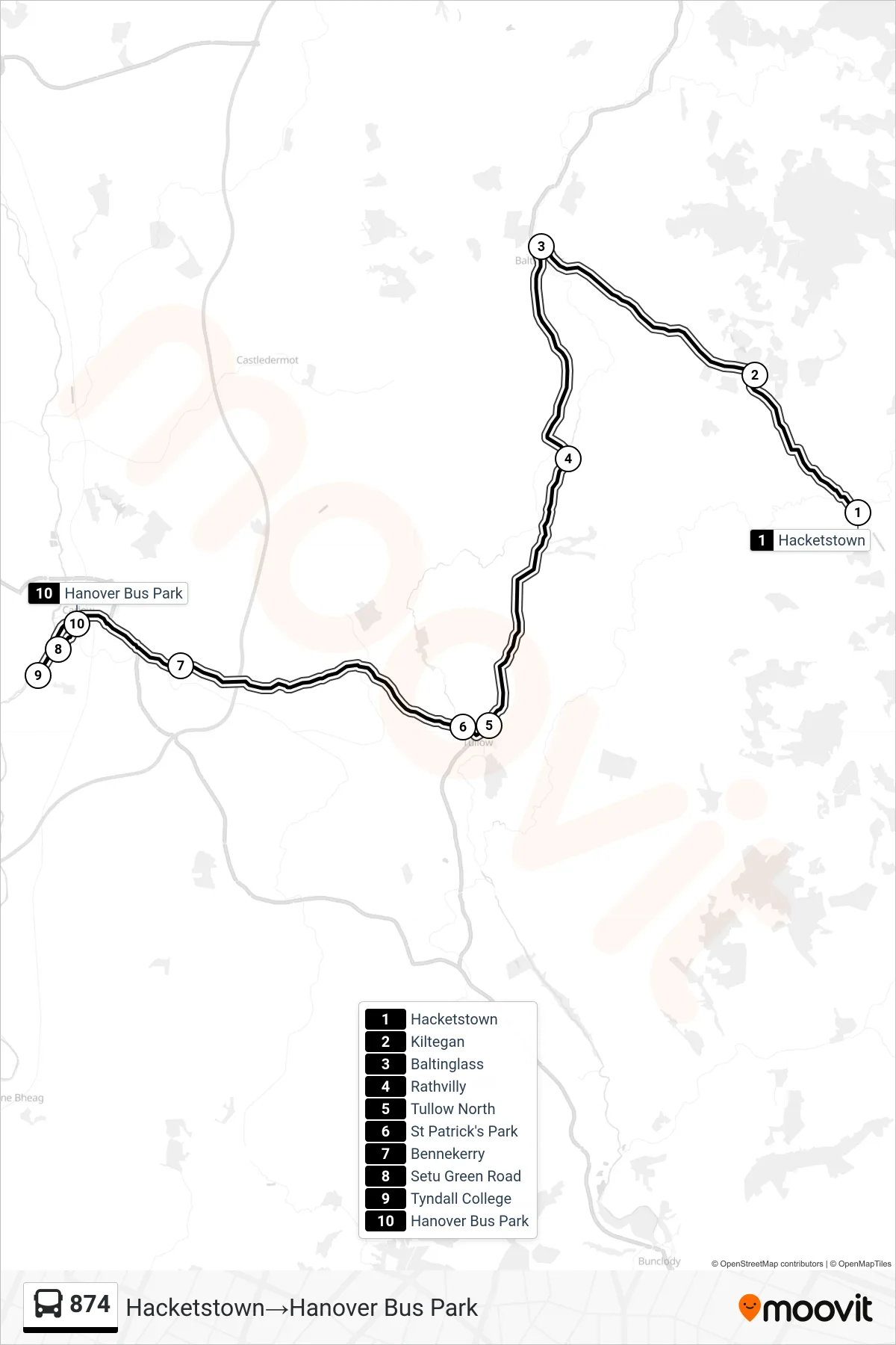 874 bus Line (Hacketstown‎→Hanover Bus Park) route and stops on a map