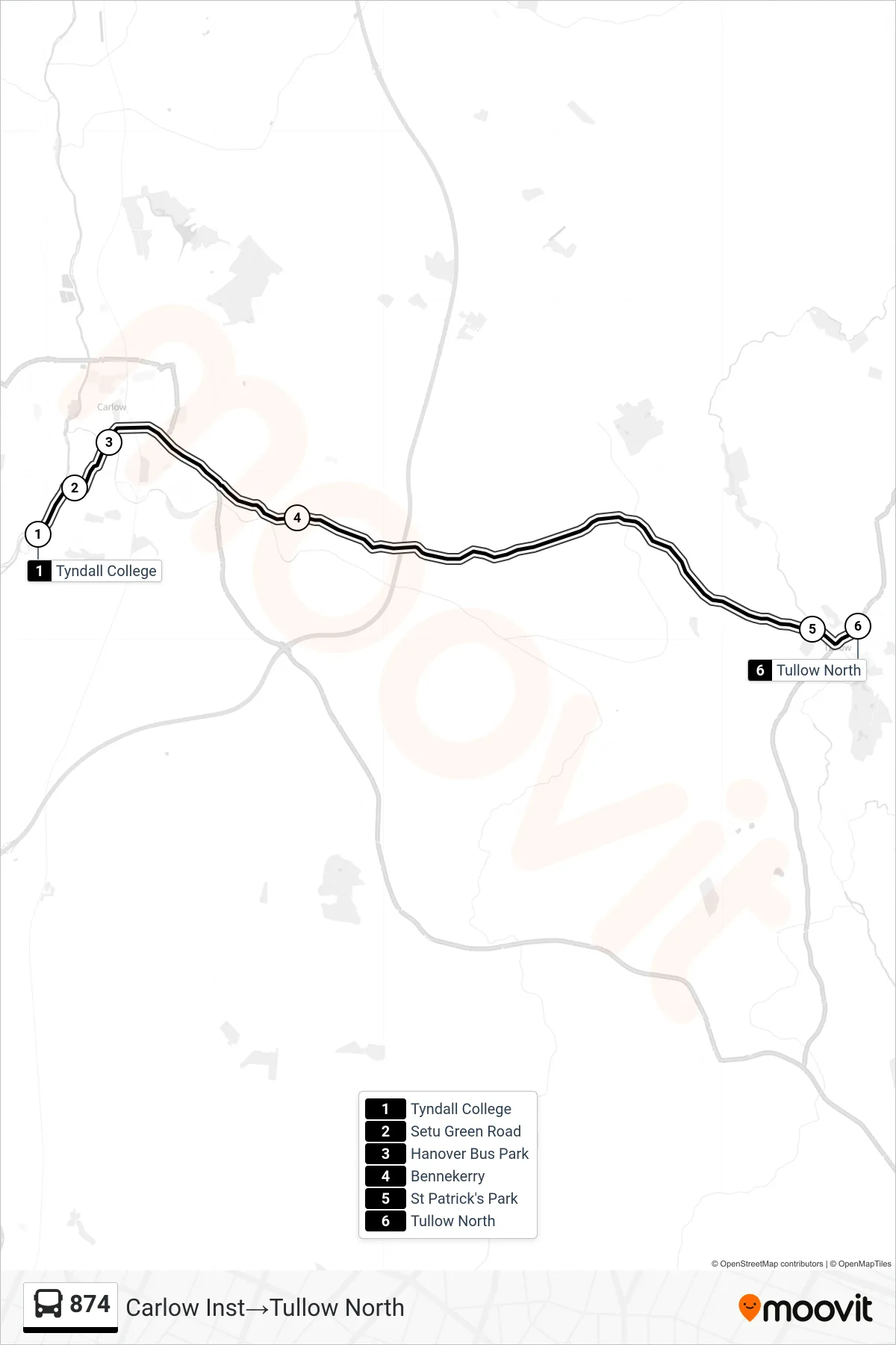 874 bus Line (Carlow Inst‎→Tullow North) route and stops on a map