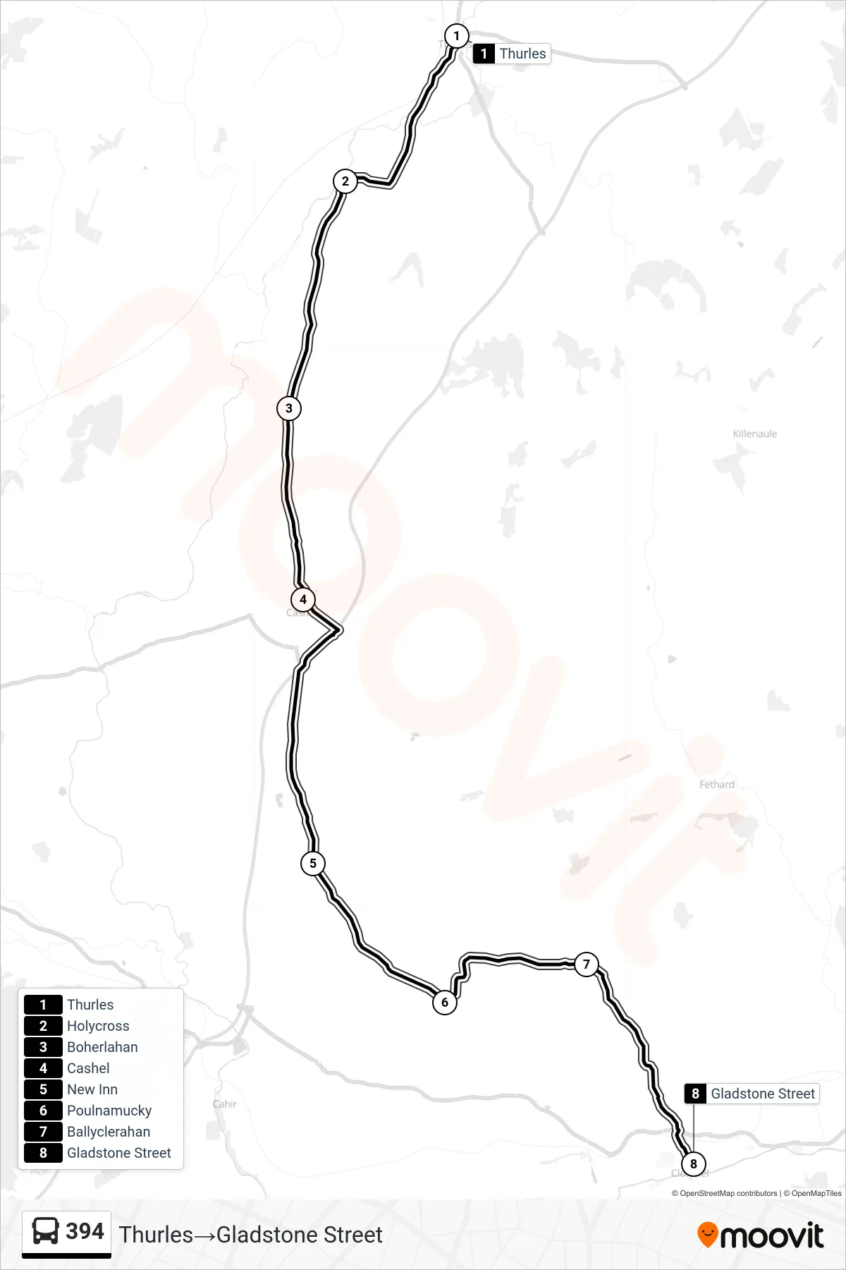 394 bus Line (Thurles‎→Gladstone Street) route and stops on a map