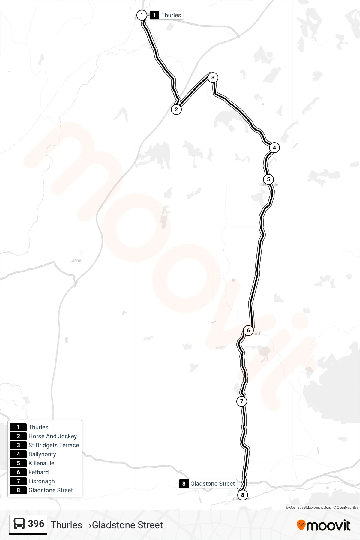 396 bus Line (Thurles→Gladstone Street) route and stops on a map