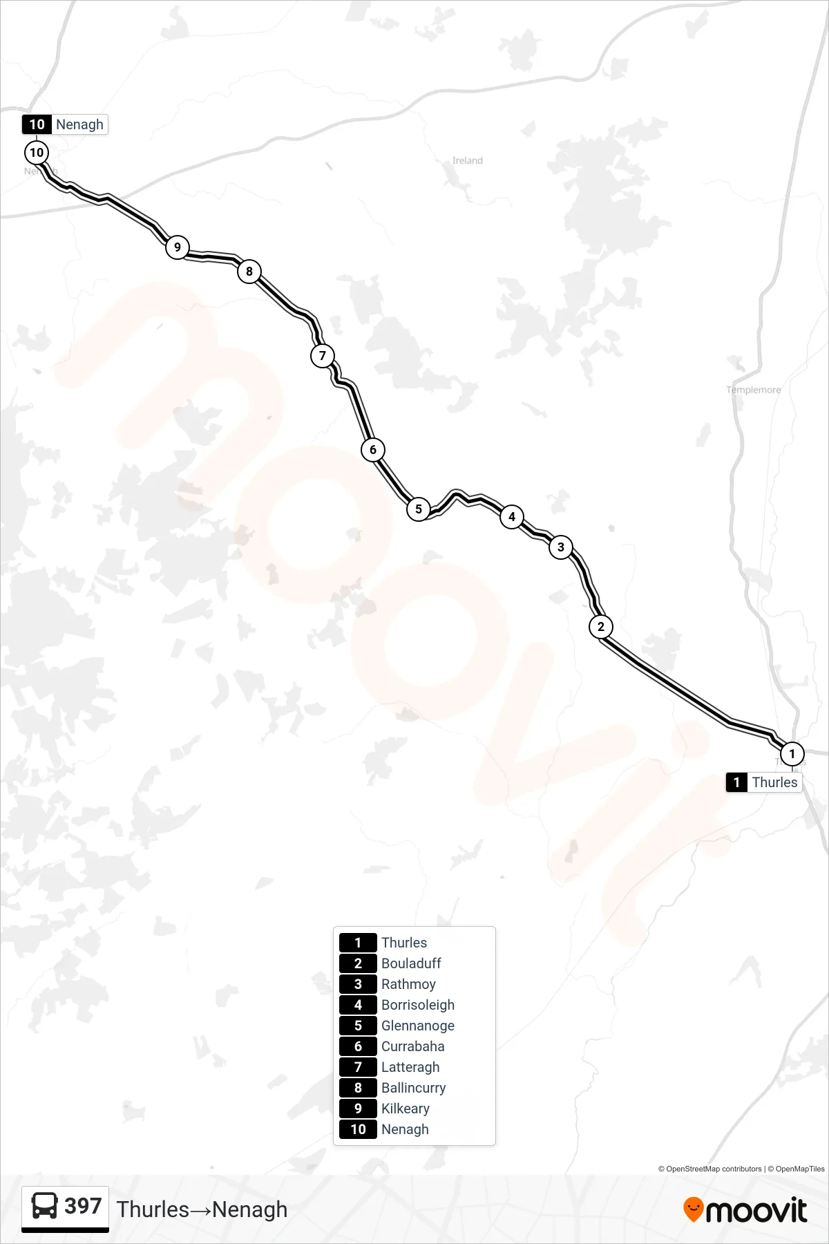 397 bus Line (Thurles‎→Nenagh) route and stops on a map