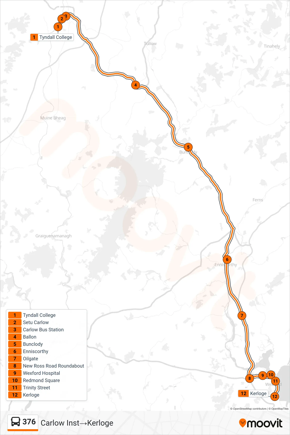 376 bus Line (Carlow Inst‎→Kerloge) route and stops on a map