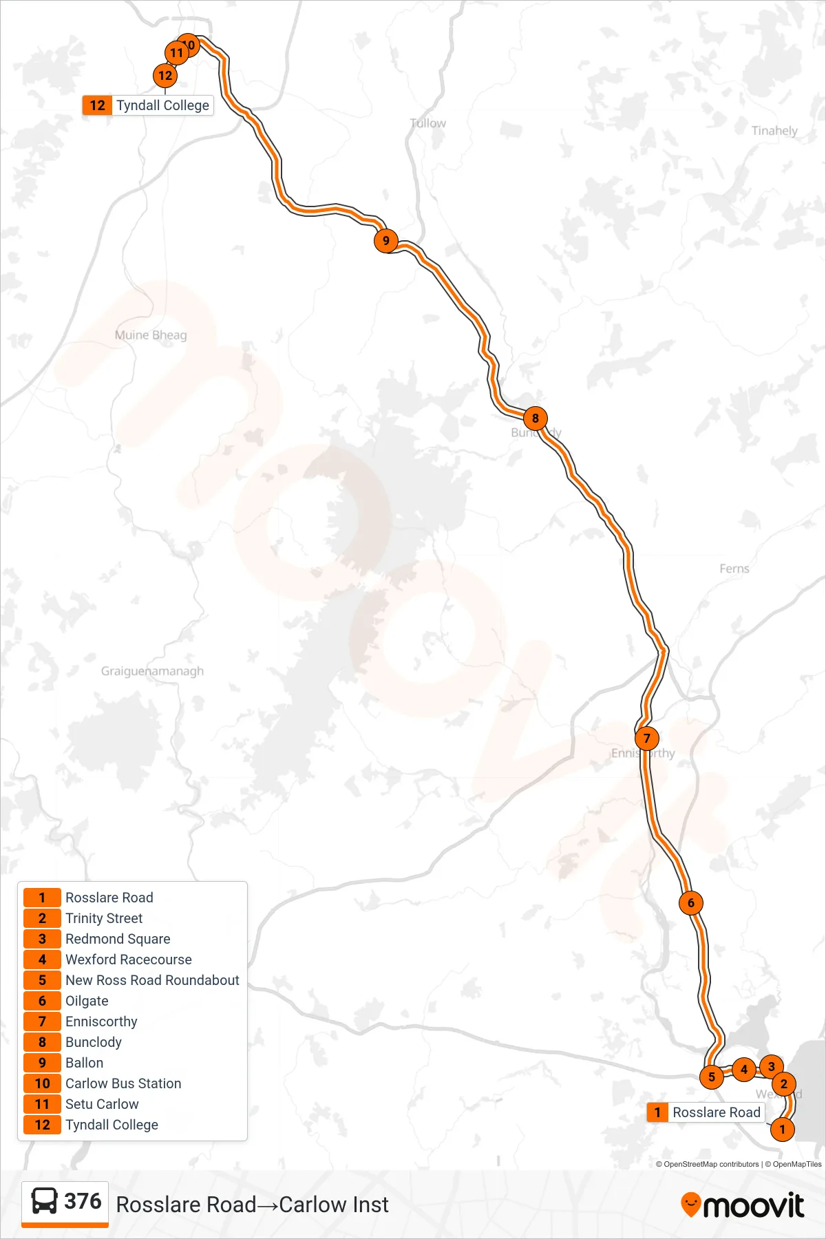 376 bus Line (Rosslare Road→Carlow Inst) route and stops on a map
