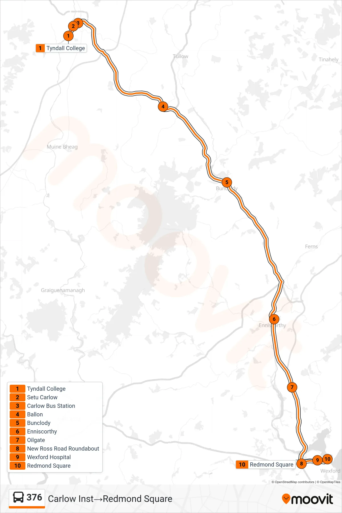 376 bus Line (Carlow Inst→Redmond Square) route and stops on a map
