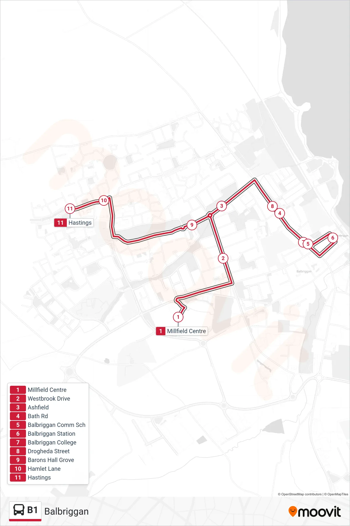 B1 bus Line (Balbriggan) route and stops on a map