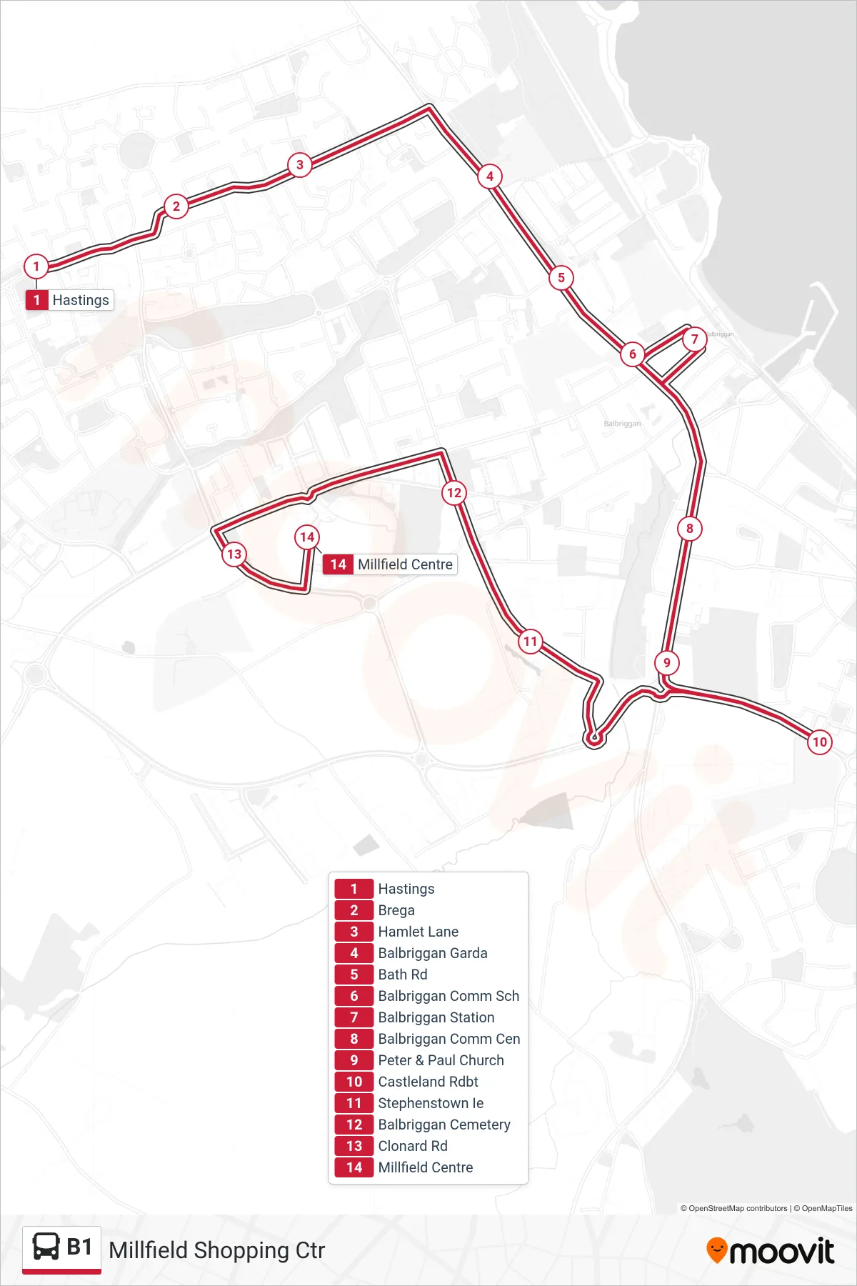 B1 bus Line (Millfield Shopping Ctr) route and stops on a map