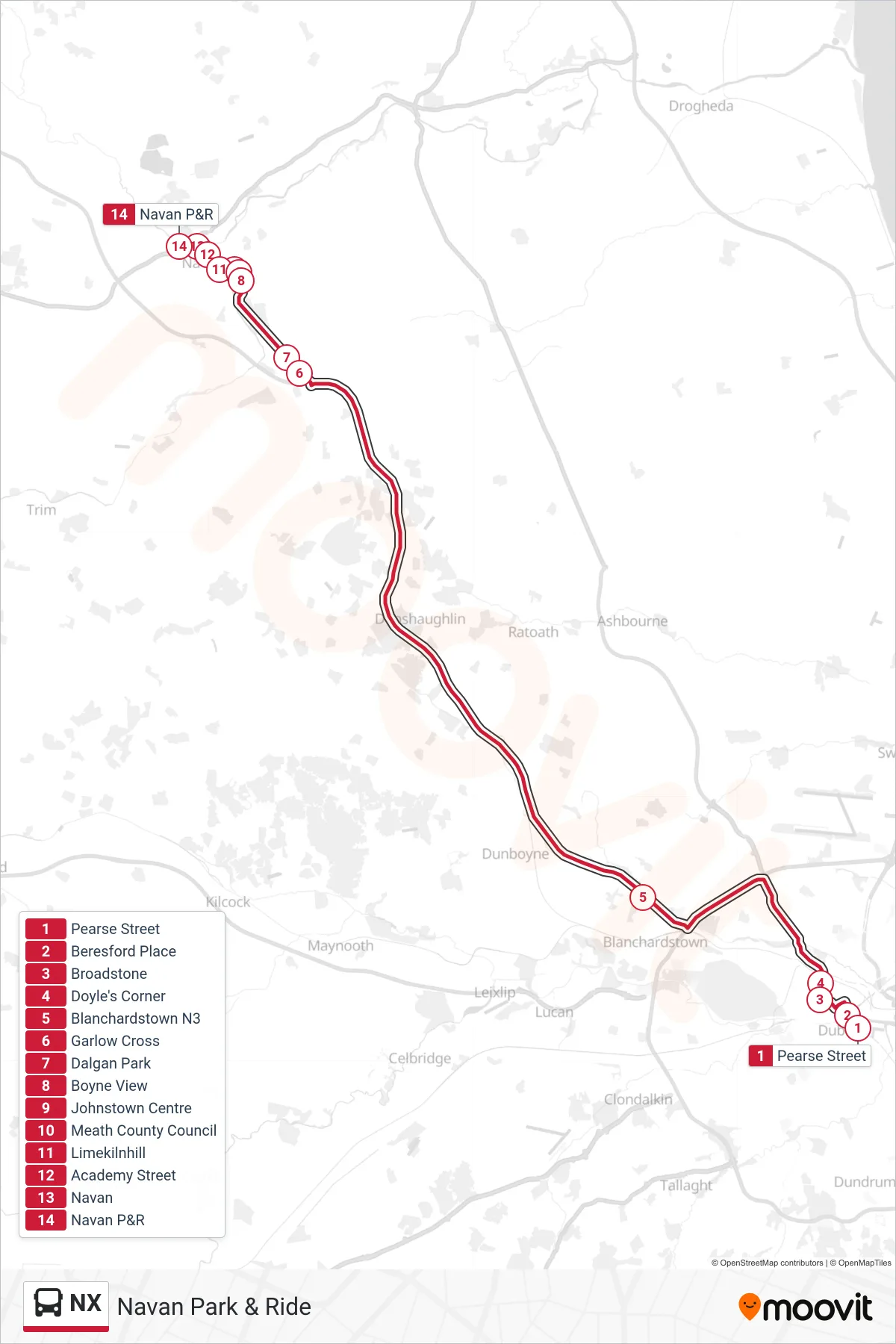 NX bus Line (Navan Park & Ride) route and stops on a map