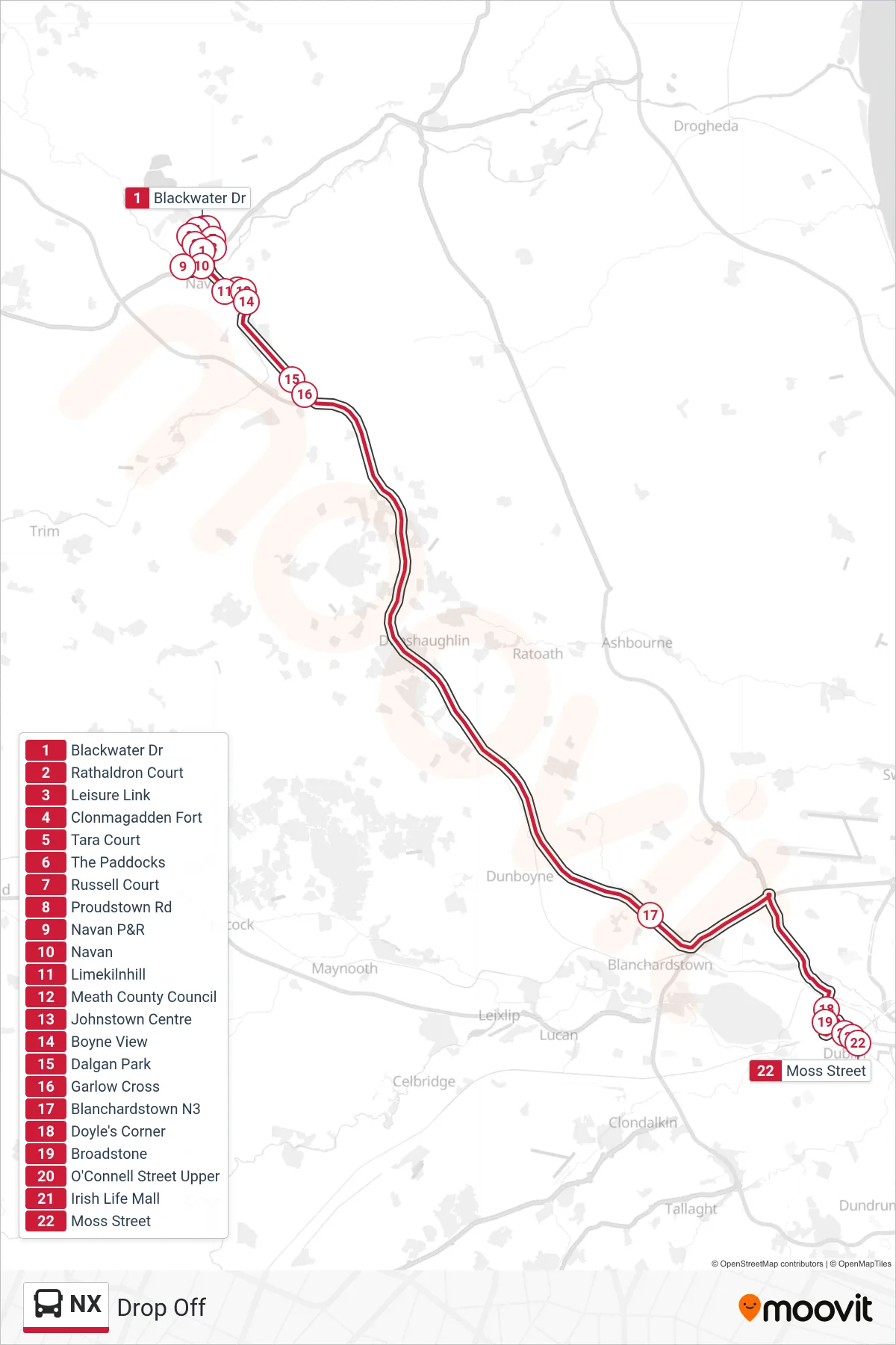 NX bus Line (Drop Off) route and stops on a map