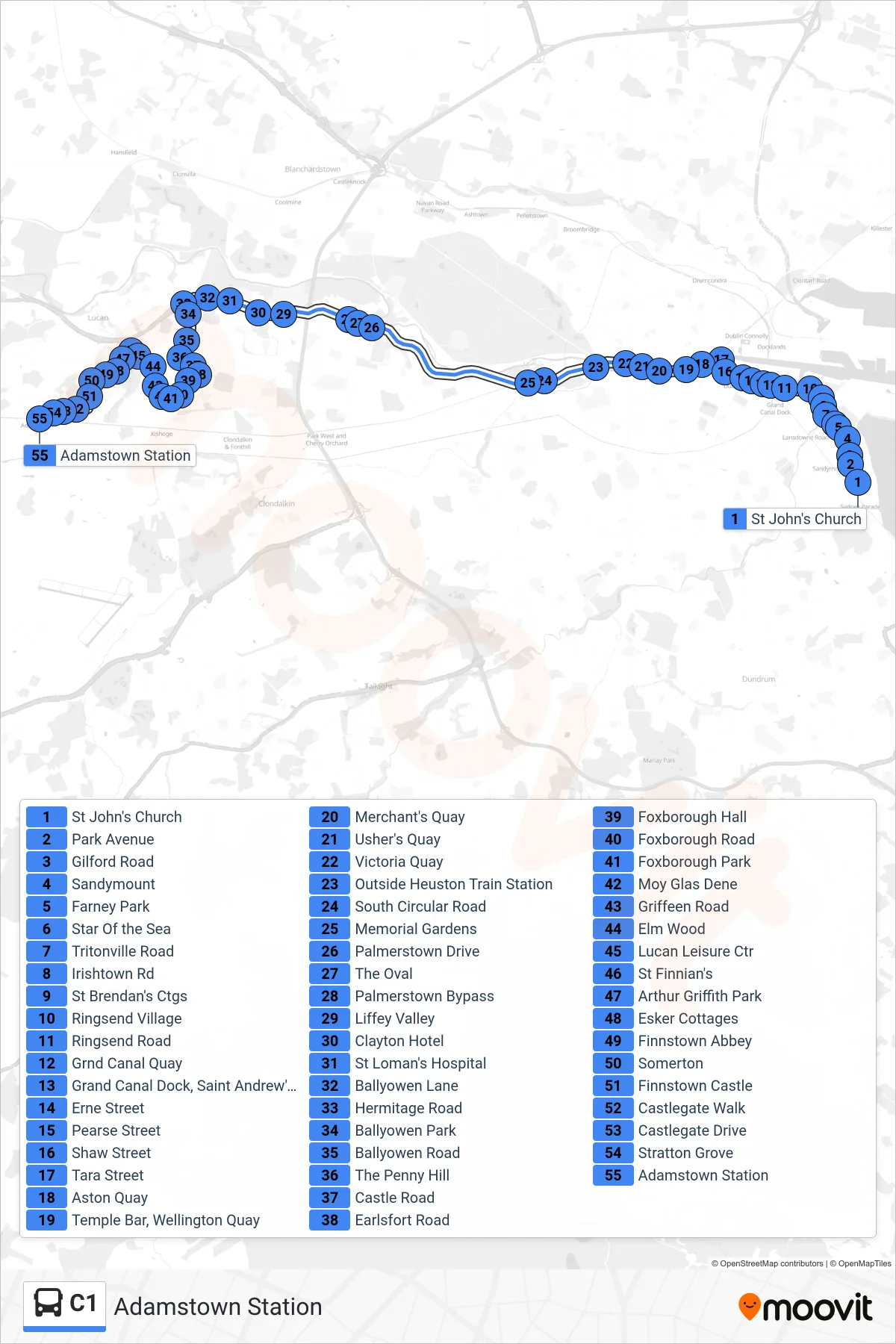 C1 bus Line (Adamstown Station) route and stops on a map