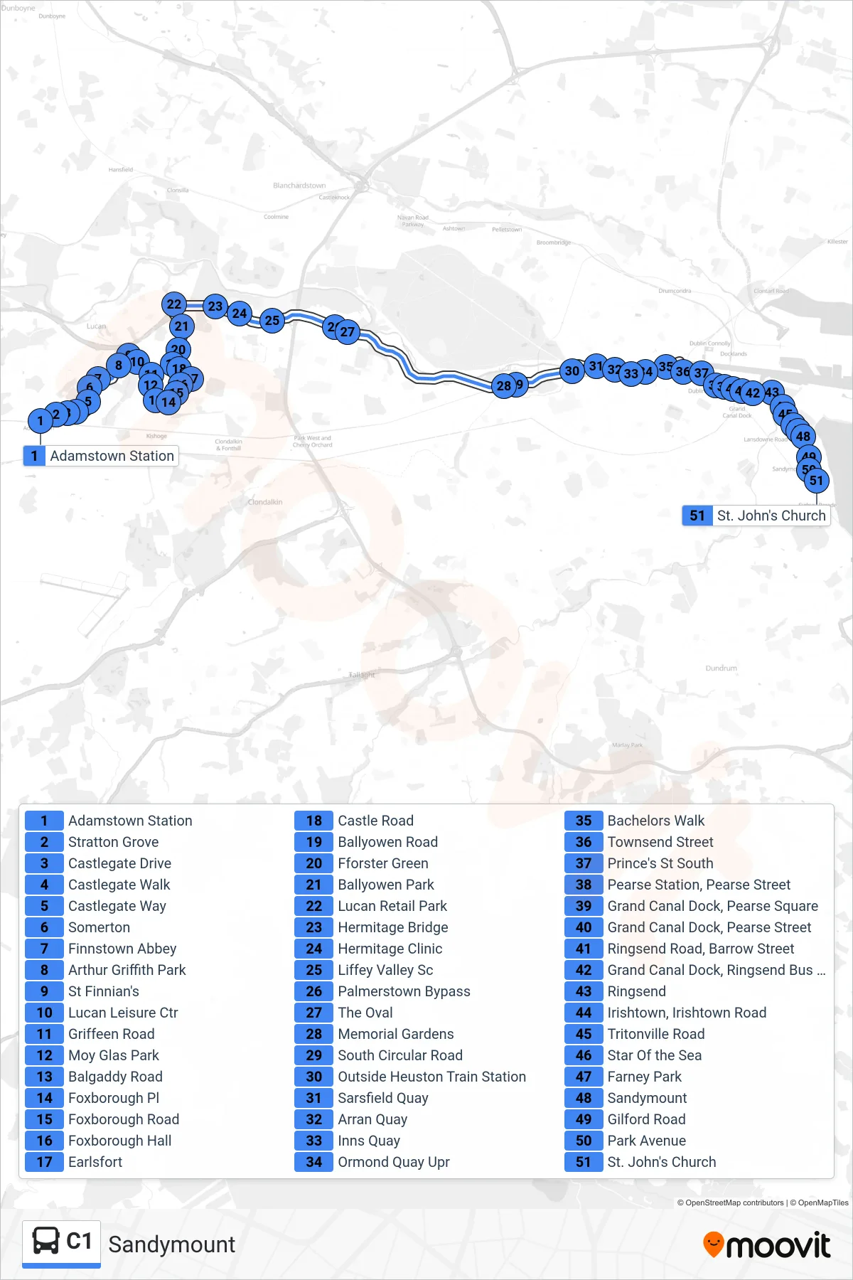 C1 bus Line (Sandymount) route and stops on a map