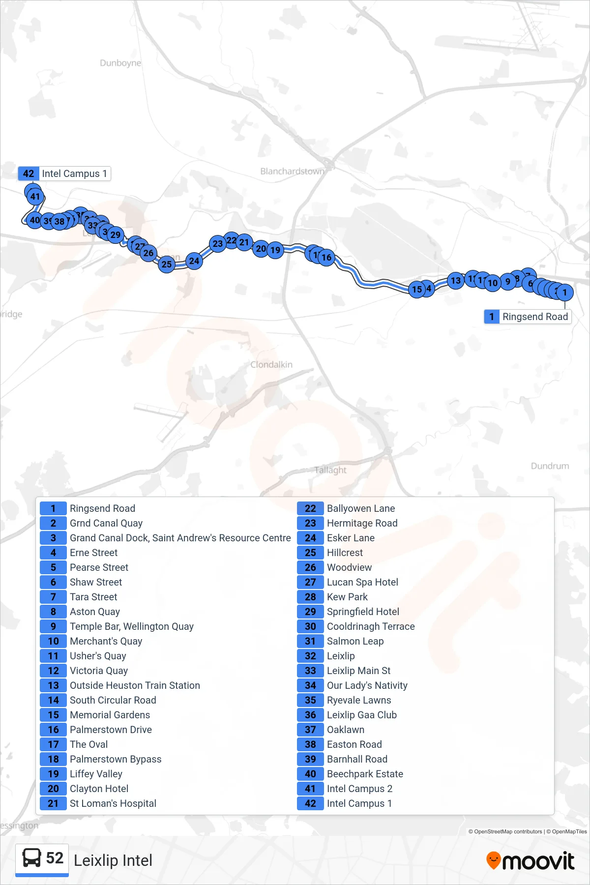 52 bus Line (Leixlip Intel) route and stops on a map