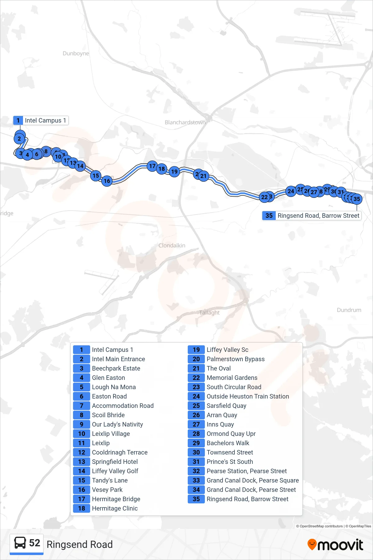 52 bus Line (Ringsend Road) route and stops on a map