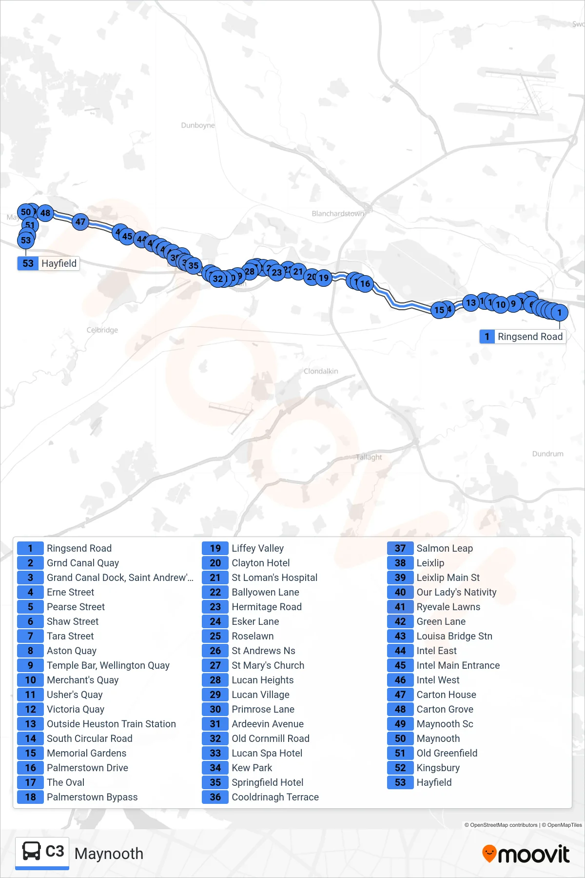 C3 bus Line (Maynooth) route and stops on a map
