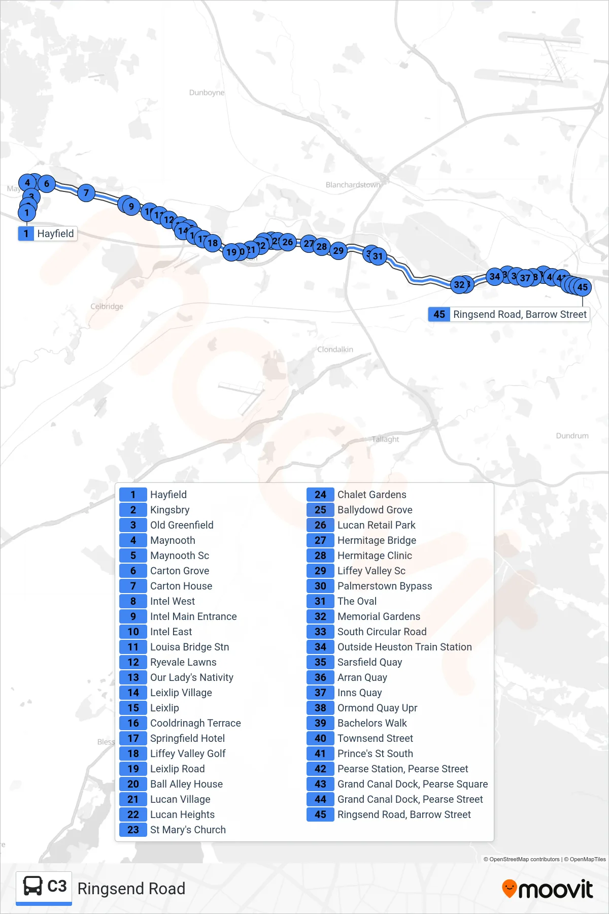C3 bus Line (Ringsend Road) route and stops on a map