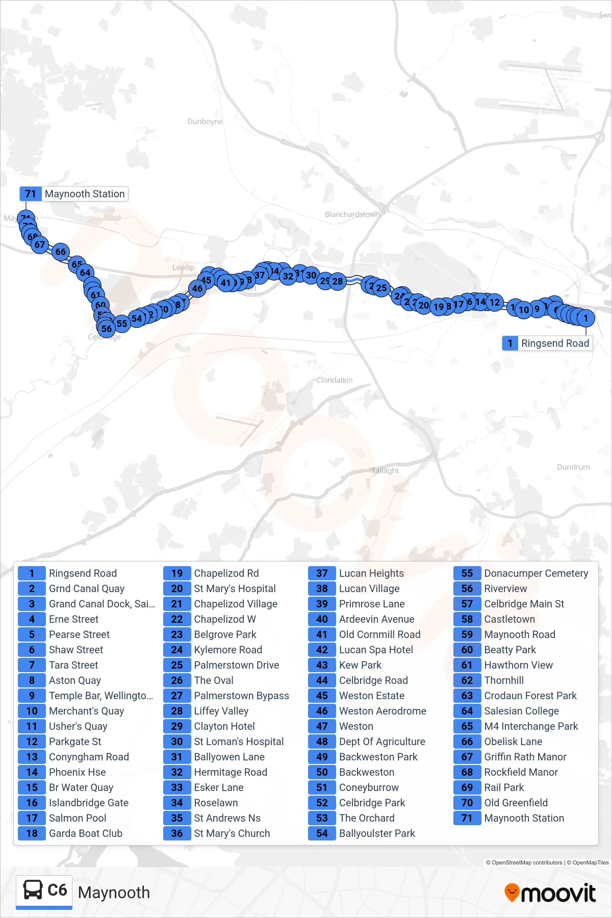 C6 bus Line (Maynooth) route and stops on a map