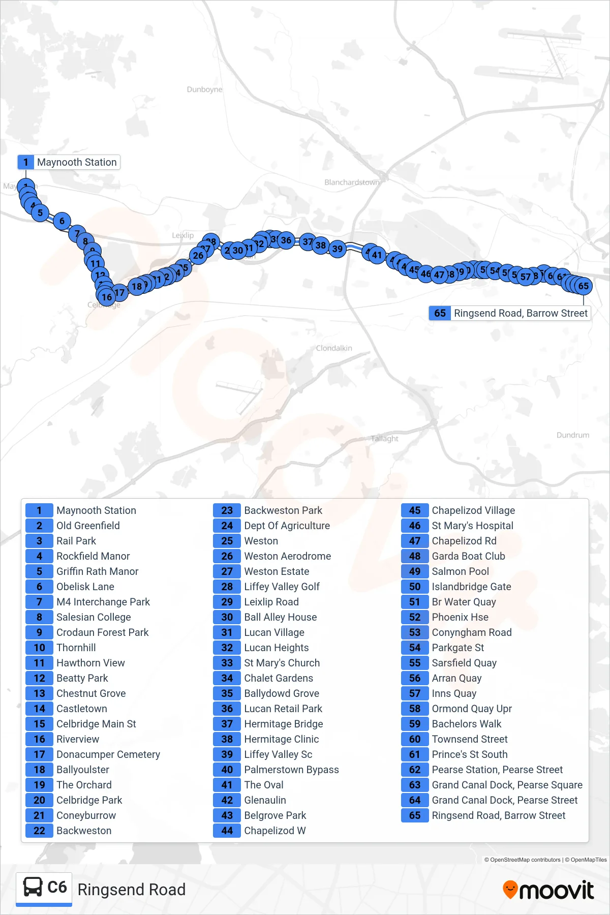 C6 bus Line (Ringsend Road) route and stops on a map