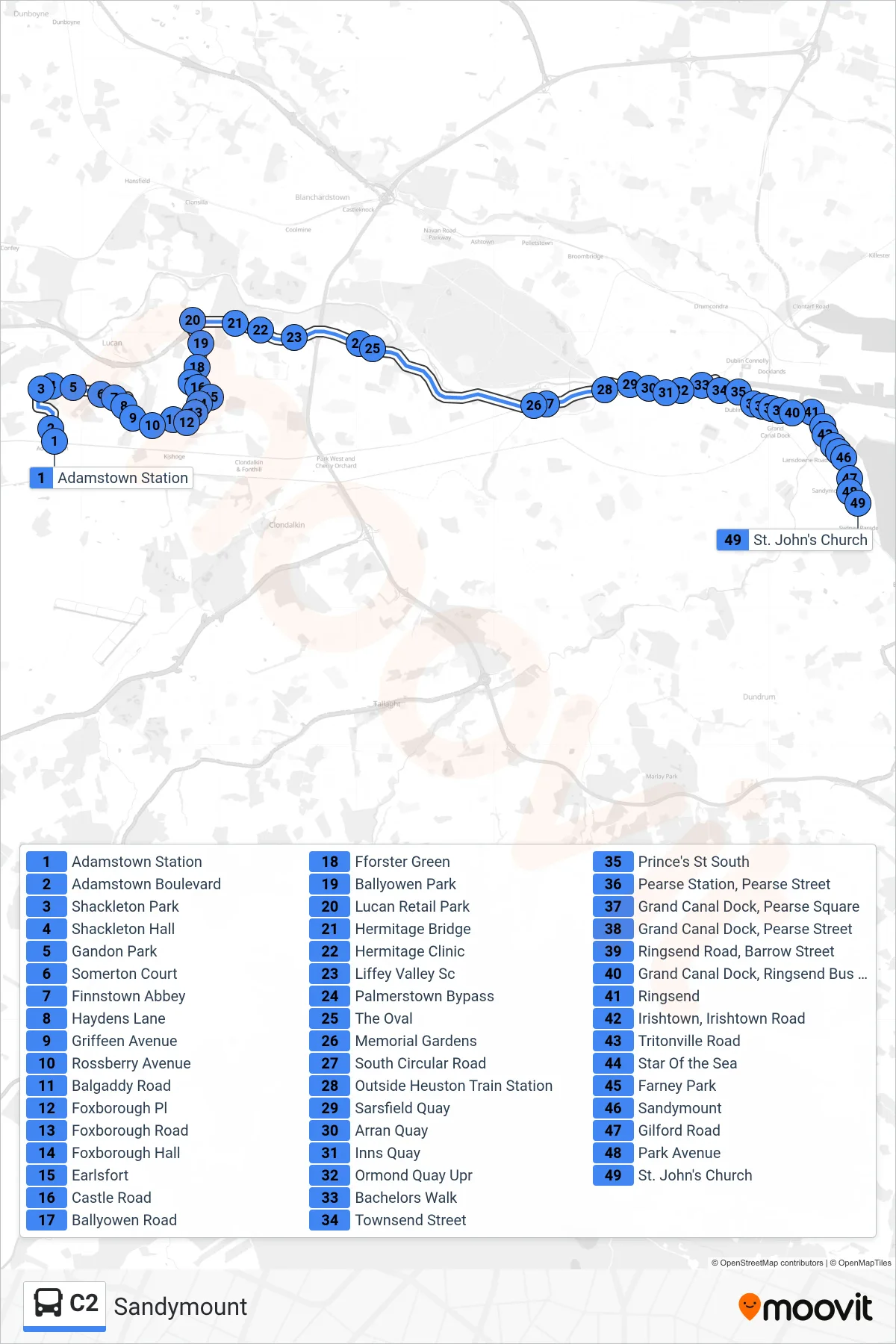 C2 bus Line (Sandymount) route and stops on a map