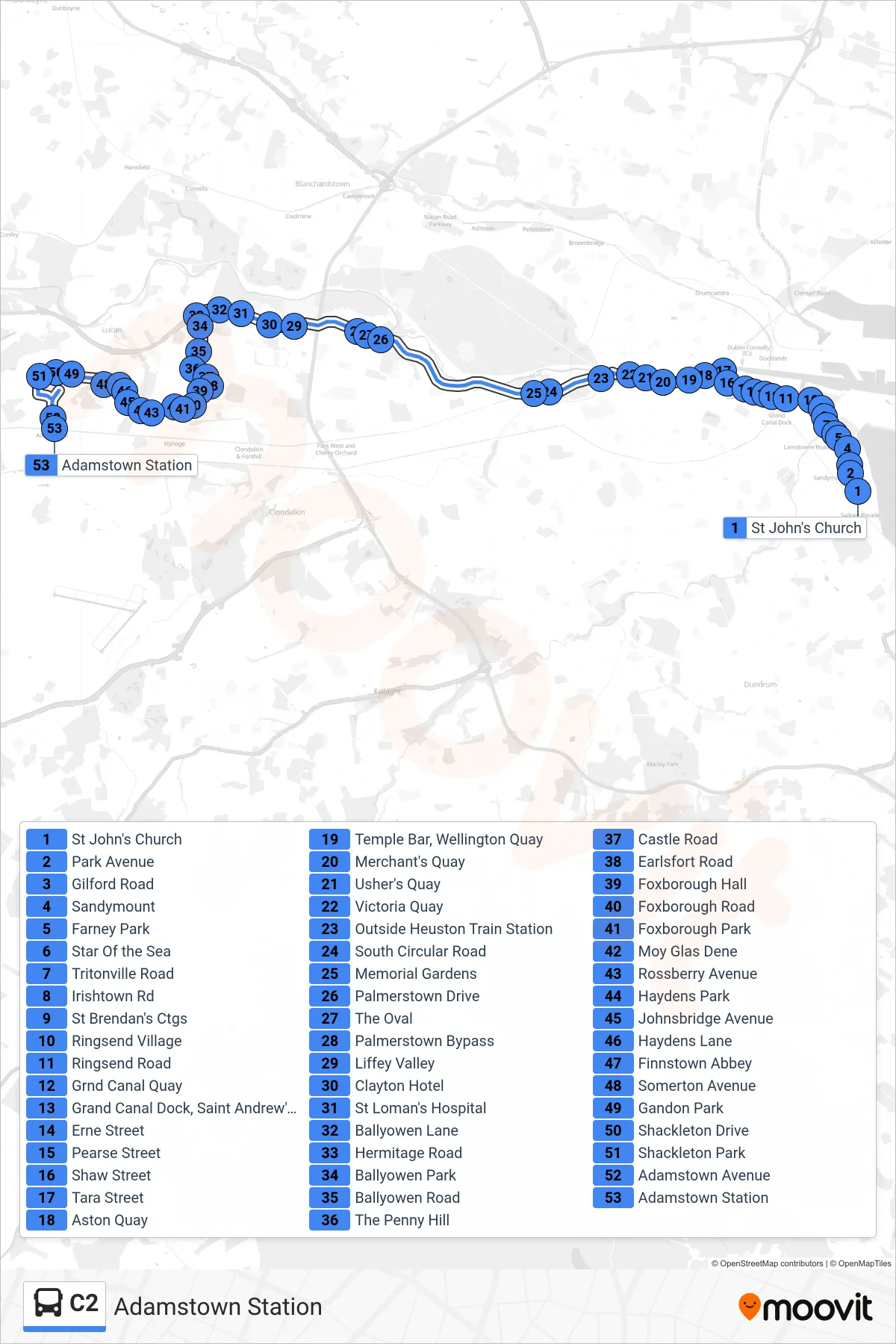 C2 bus Line (Adamstown Station) route and stops on a map