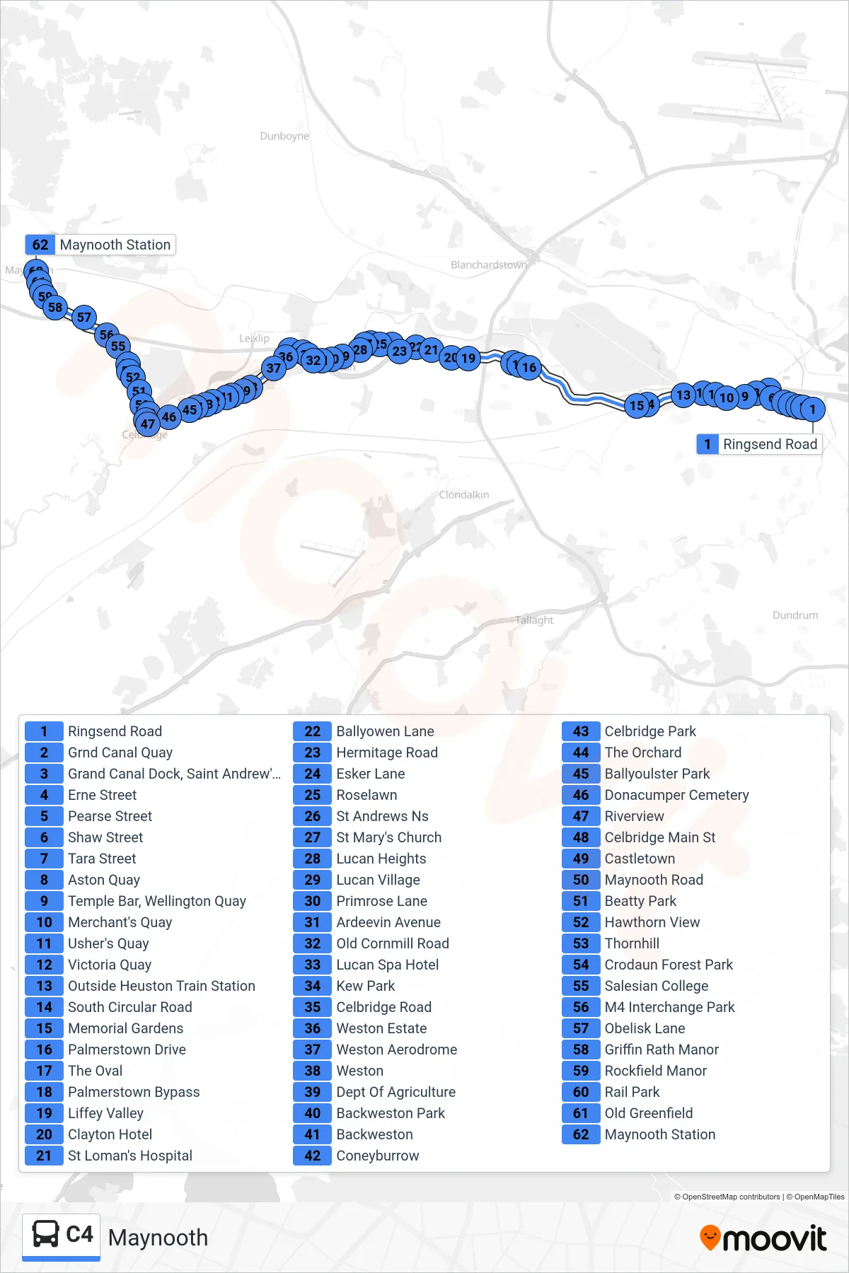 C4 bus Line (Maynooth) route and stops on a map