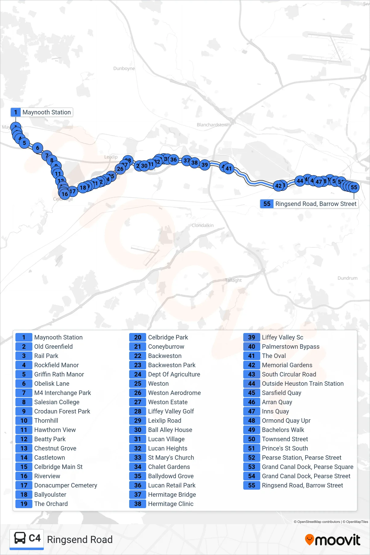 C4 bus Line (Ringsend Road) route and stops on a map
