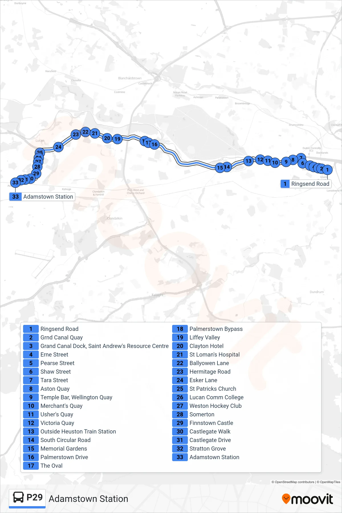 P29 bus Line (Adamstown Station) route and stops on a map