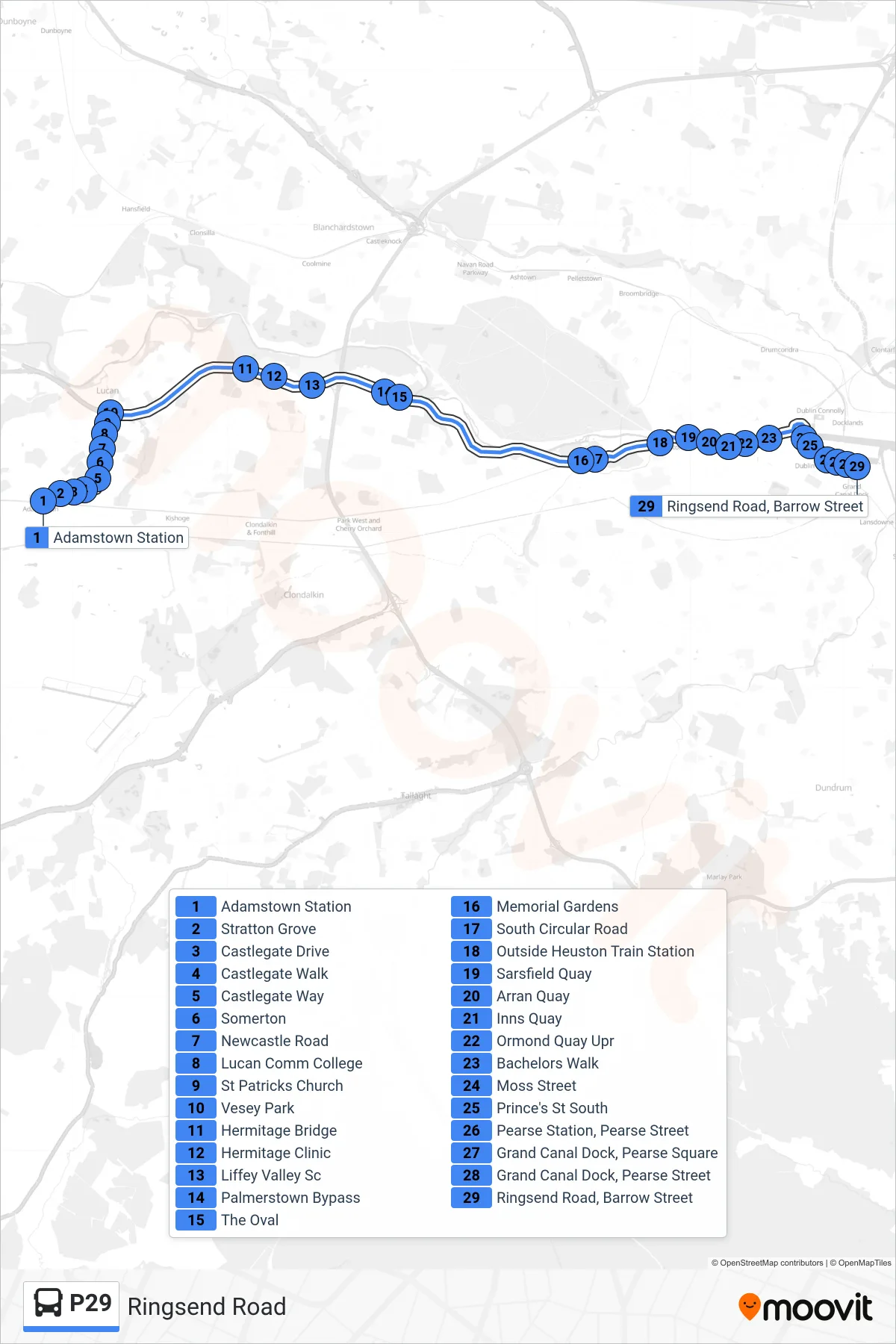 P29 bus Line (Ringsend Road) route and stops on a map